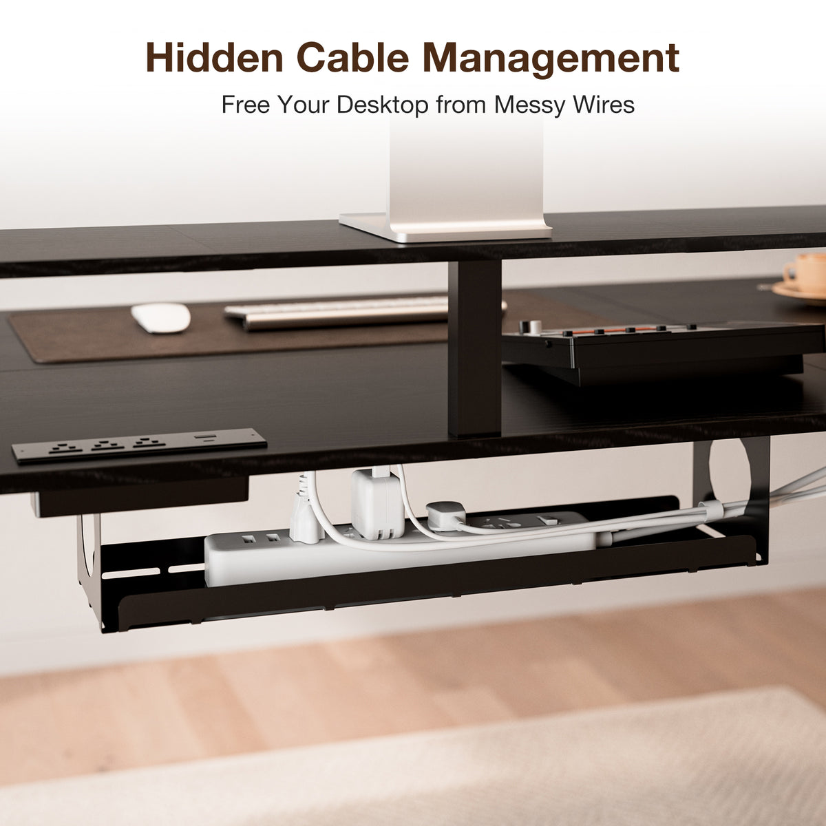 71" Sit-Stand Desk with 5 Drawers, Power Hub, LED Lights & Monitor Shelf, Black