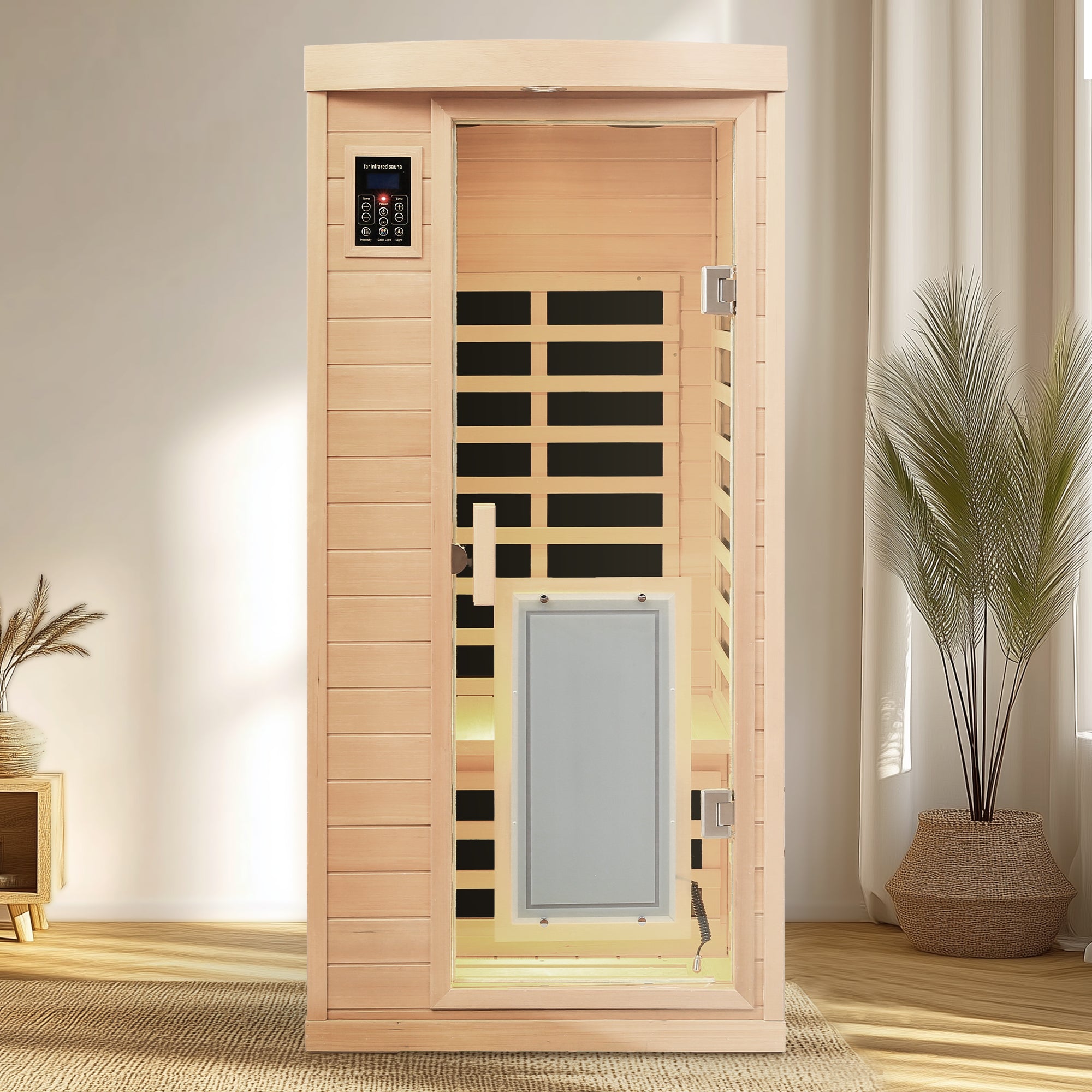 Low EMF 1-Person Hemlock Far-Infrared Indoor Sauna with Heated Glass Door