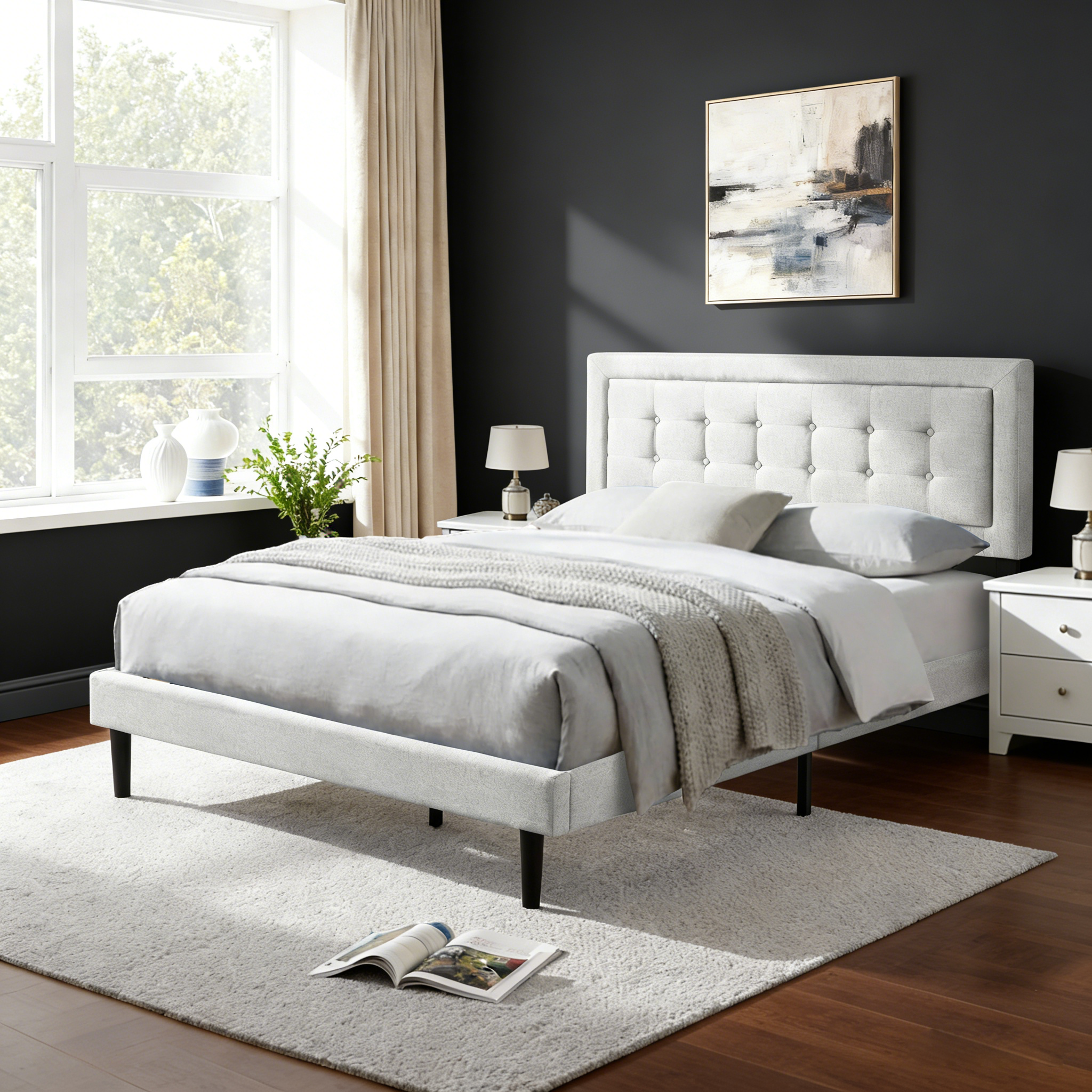 Queen Upholstered Platform Bed Frame – Easy Assembly, Light Gray
