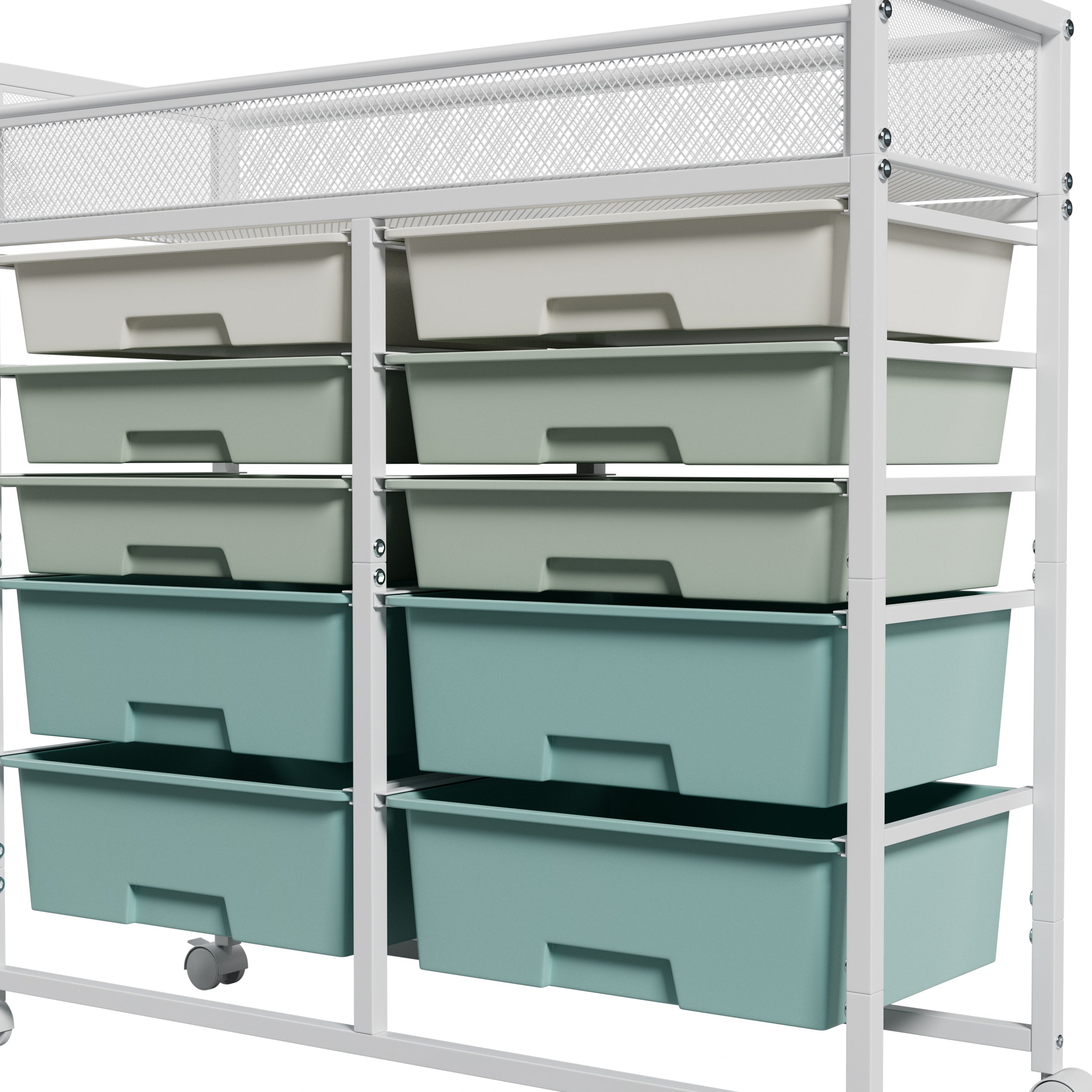 White Large-Capacity 2-Row 10-Drawer Rolling Storage Cart with Metal Mesh Top – Multi-Layer Plastic Drawer Organizer with Wheels for Kitchen, Bathroom, Bedroom & Office