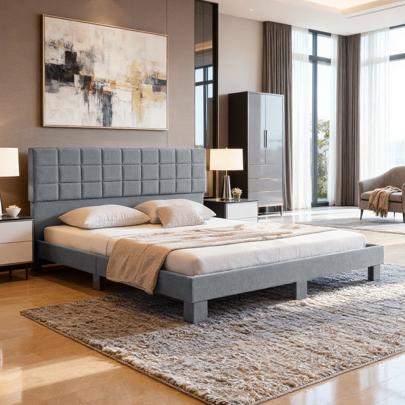 King Upholstered Platform Bed Frame – Tufted Headboard, Solid Wood Slats, Adjustable Height