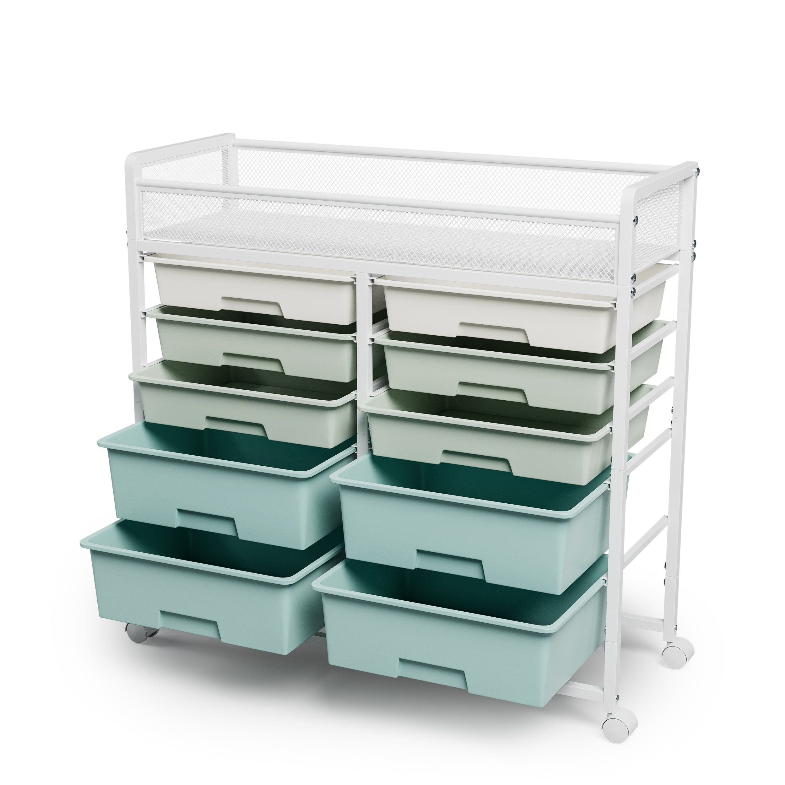 White Large-Capacity 2-Row 10-Drawer Rolling Storage Cart with Metal Mesh Top – Multi-Layer Plastic Drawer Organizer with Wheels for Kitchen, Bathroom, Bedroom & Office