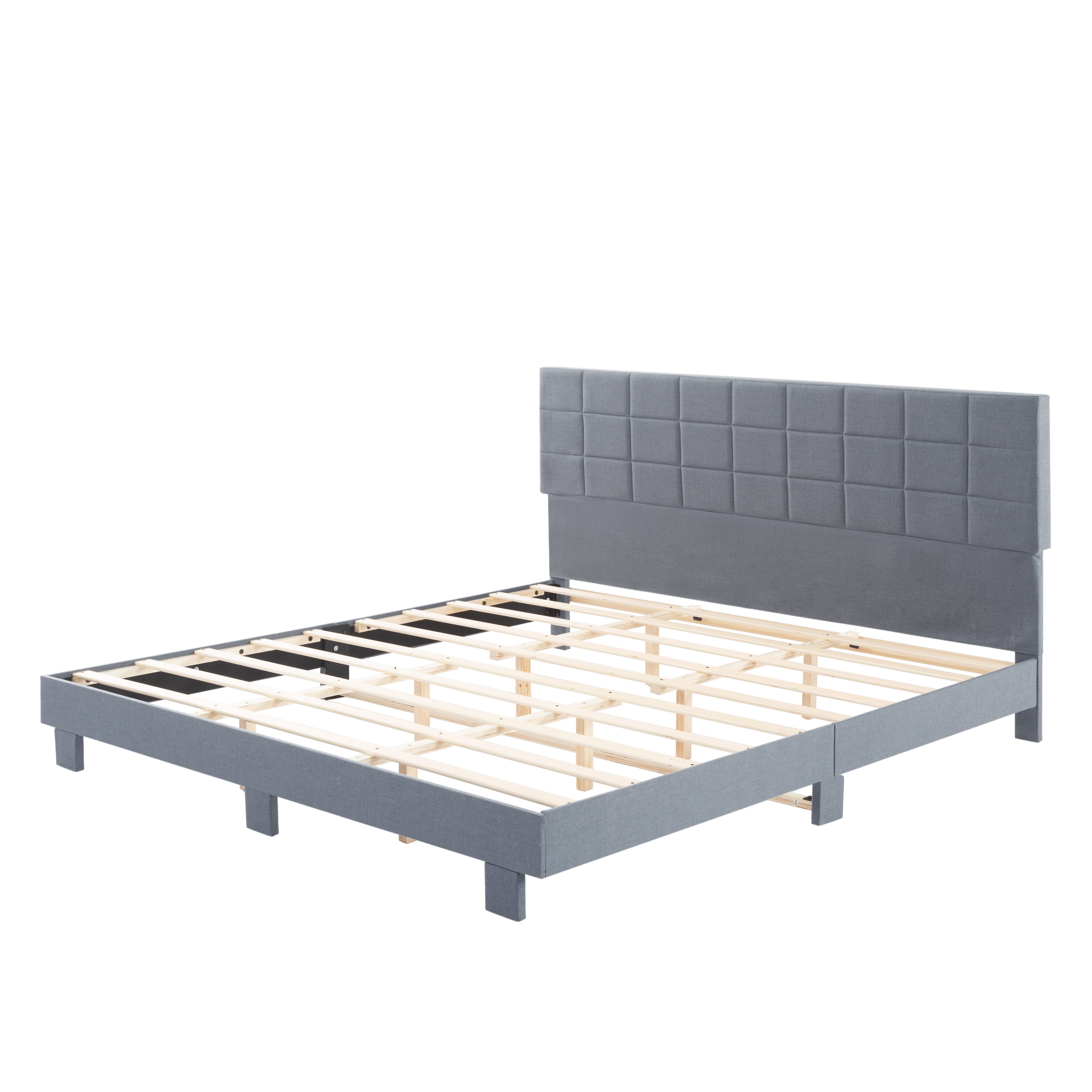 King Upholstered Platform Bed Frame – Tufted Headboard, Solid Wood Slats, Adjustable Height