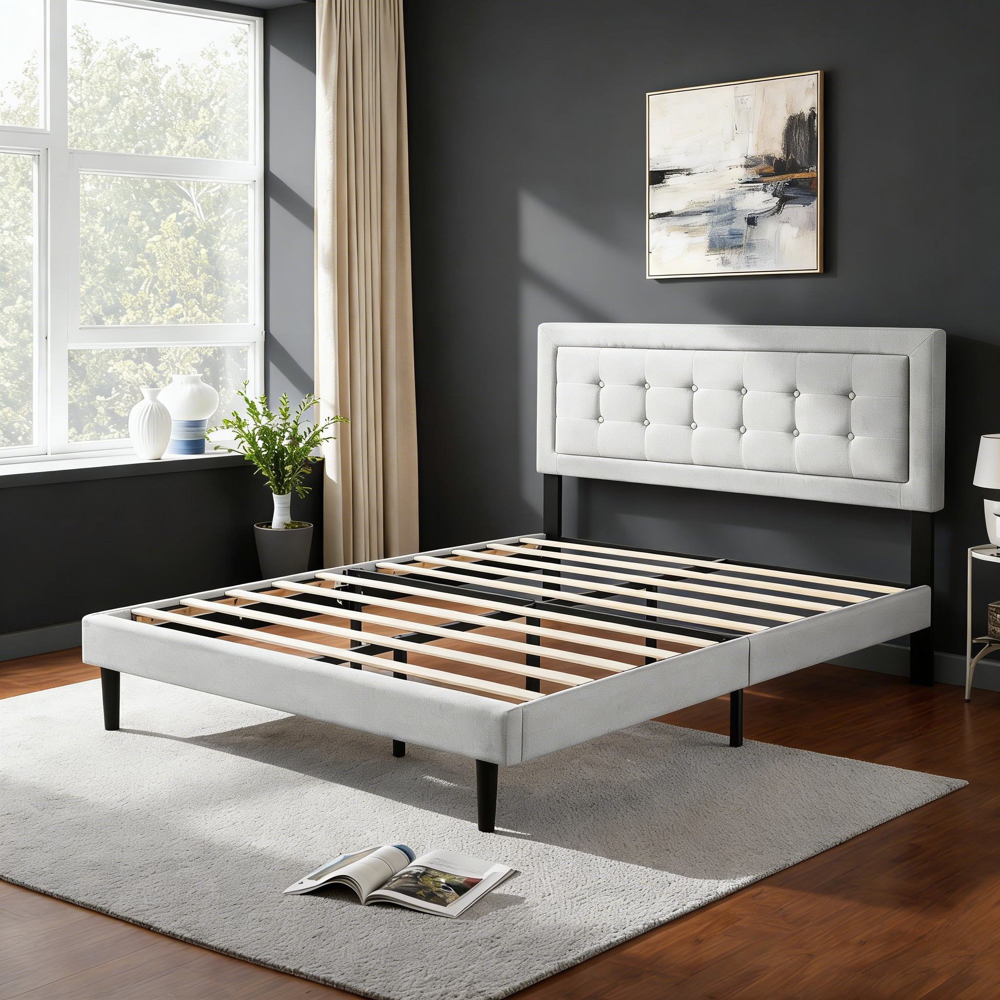 Queen Upholstered Platform Bed Frame – Easy Assembly, Light Gray