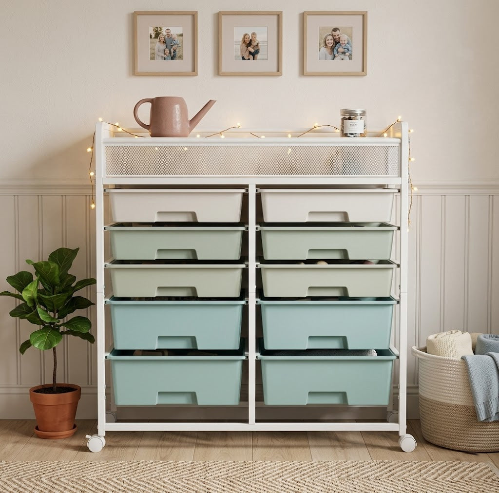 White Large-Capacity 2-Row 10-Drawer Rolling Storage Cart with Metal Mesh Top – Multi-Layer Plastic Drawer Organizer with Wheels for Kitchen, Bathroom, Bedroom & Office