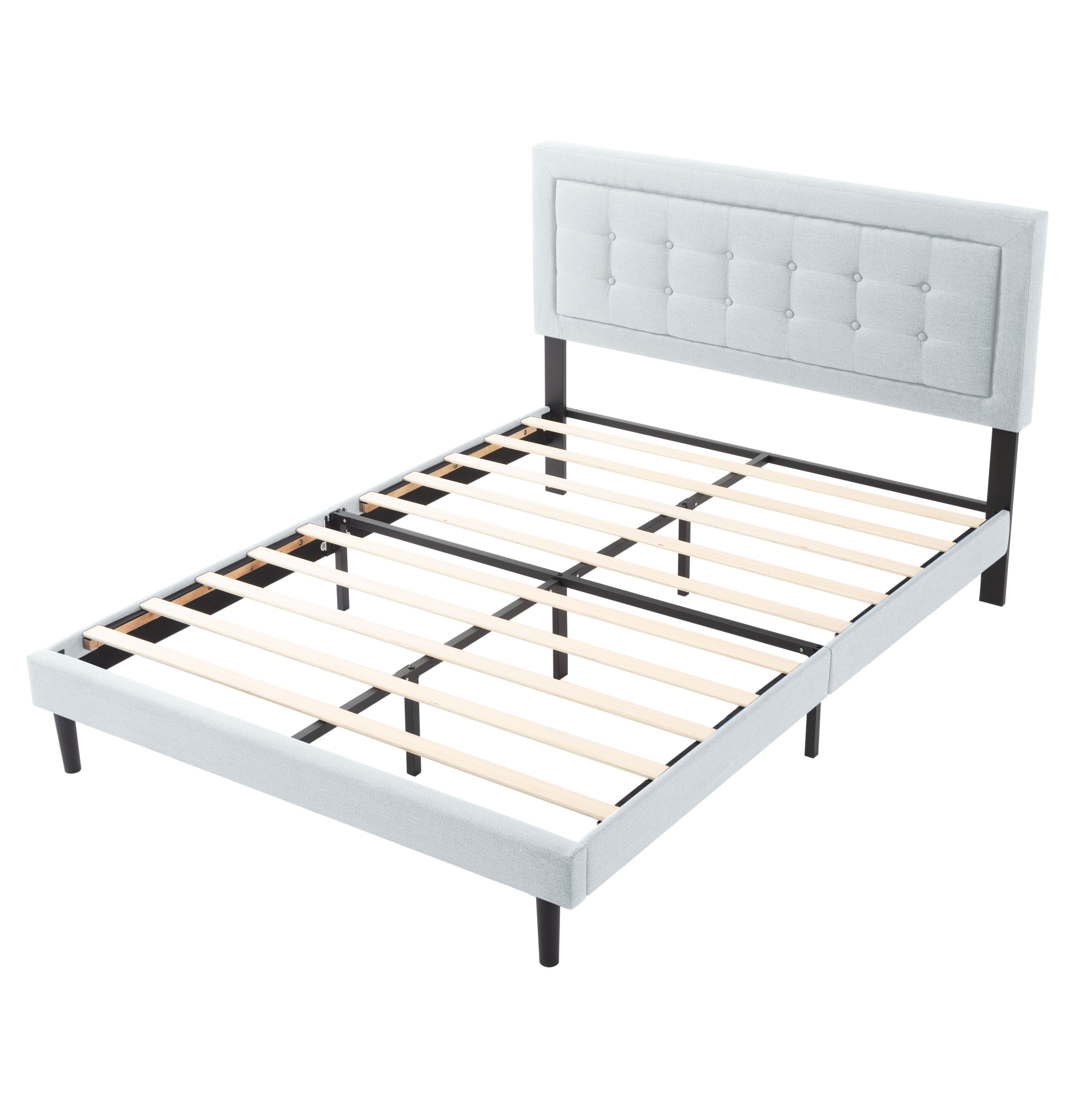 Queen Upholstered Platform Bed Frame – Easy Assembly, Light Gray