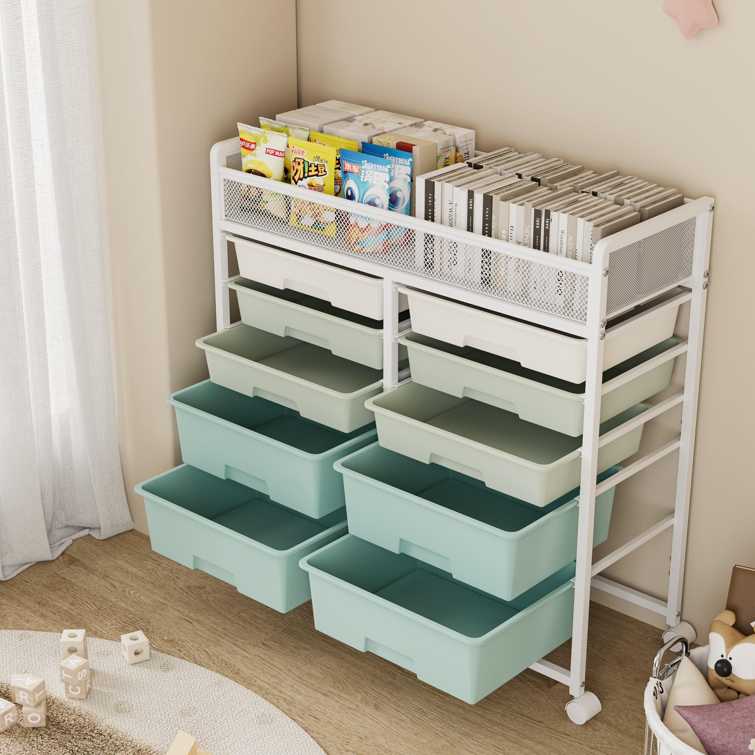 White Large-Capacity 2-Row 10-Drawer Rolling Storage Cart with Metal Mesh Top – Multi-Layer Plastic Drawer Organizer with Wheels for Kitchen, Bathroom, Bedroom & Office