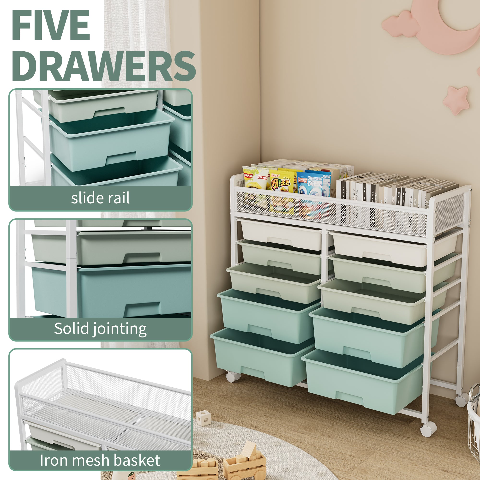 White Large-Capacity 2-Row 10-Drawer Rolling Storage Cart with Metal Mesh Top – Multi-Layer Plastic Drawer Organizer with Wheels for Kitchen, Bathroom, Bedroom & Office