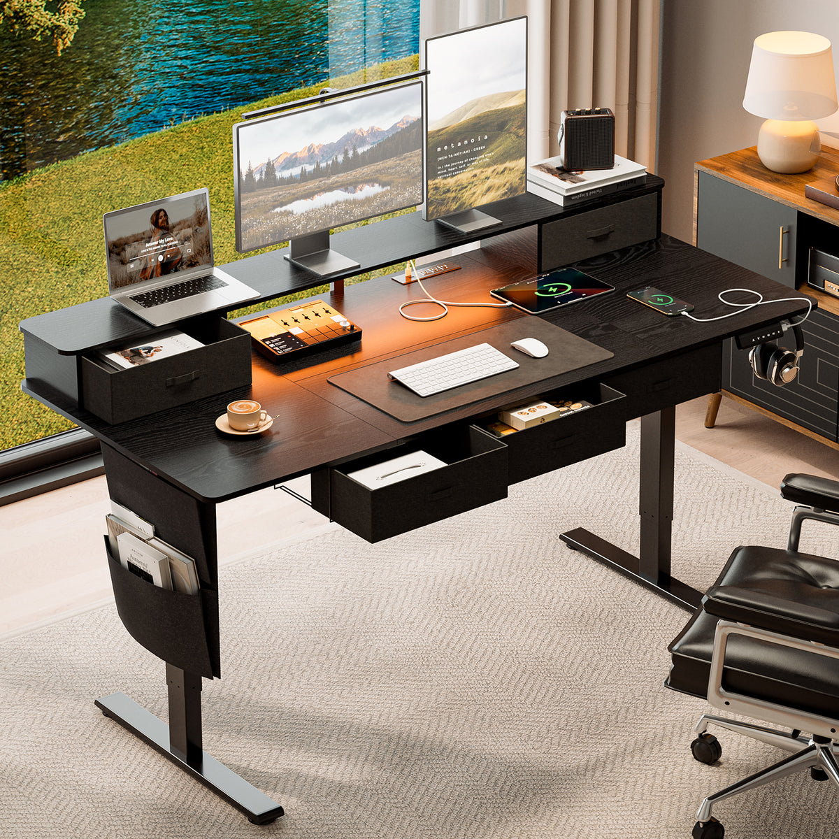 71" Sit-Stand Desk with 5 Drawers, Power Hub, LED Lights & Monitor Shelf, Black
