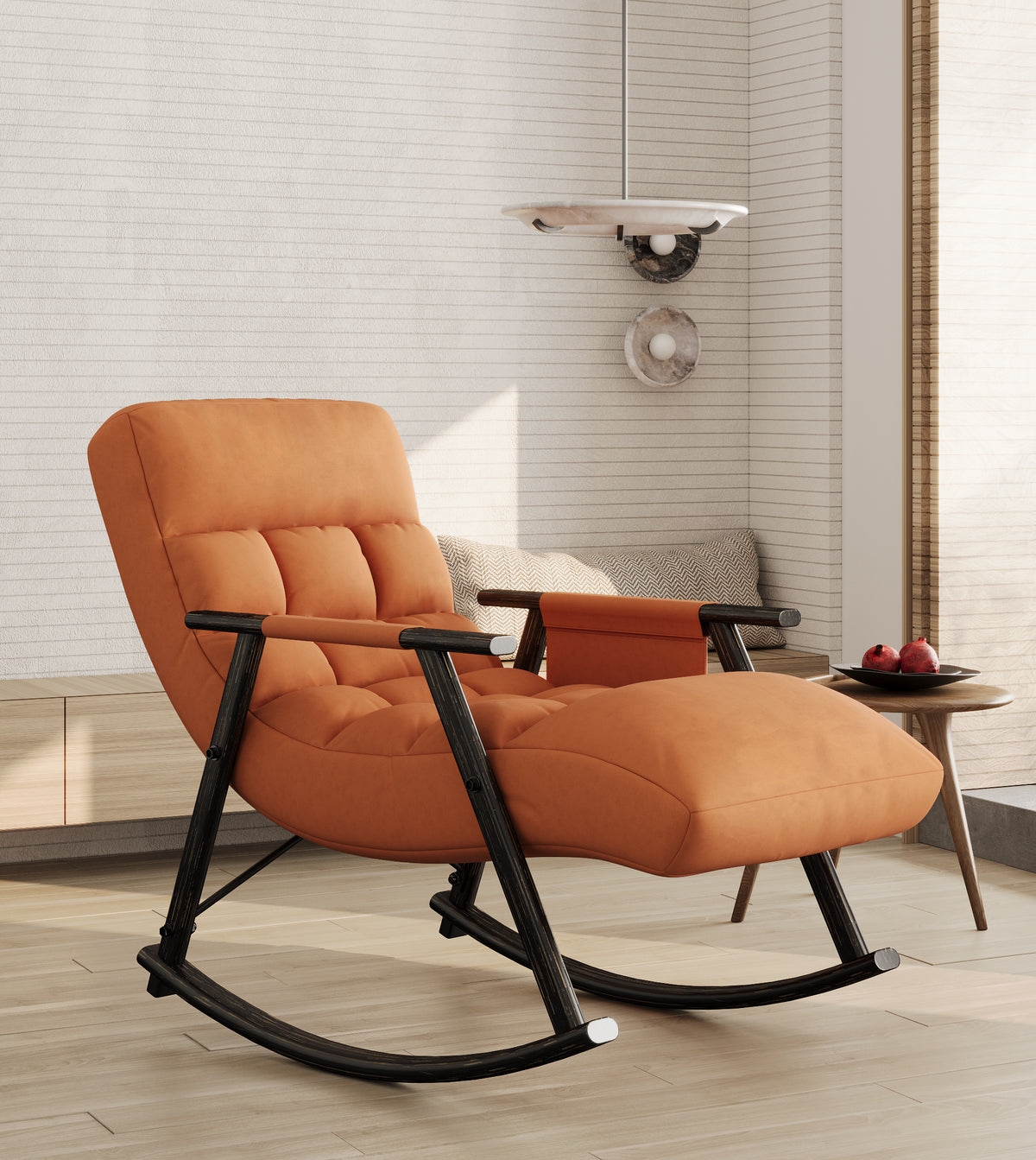 Upholstered Folding Rocking Chair with Adjustable Footrest