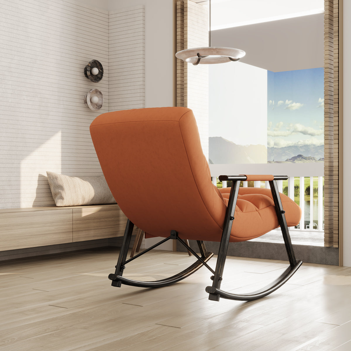 Upholstered Folding Rocking Chair with Adjustable Footrest