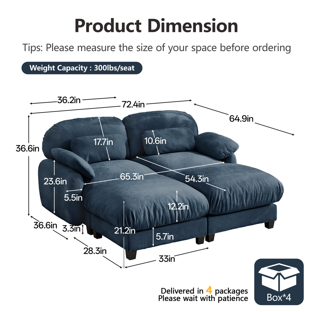 Manufacturer drawing of the Cloudmere 2-seater with 2 ottomans, every measurement in inches