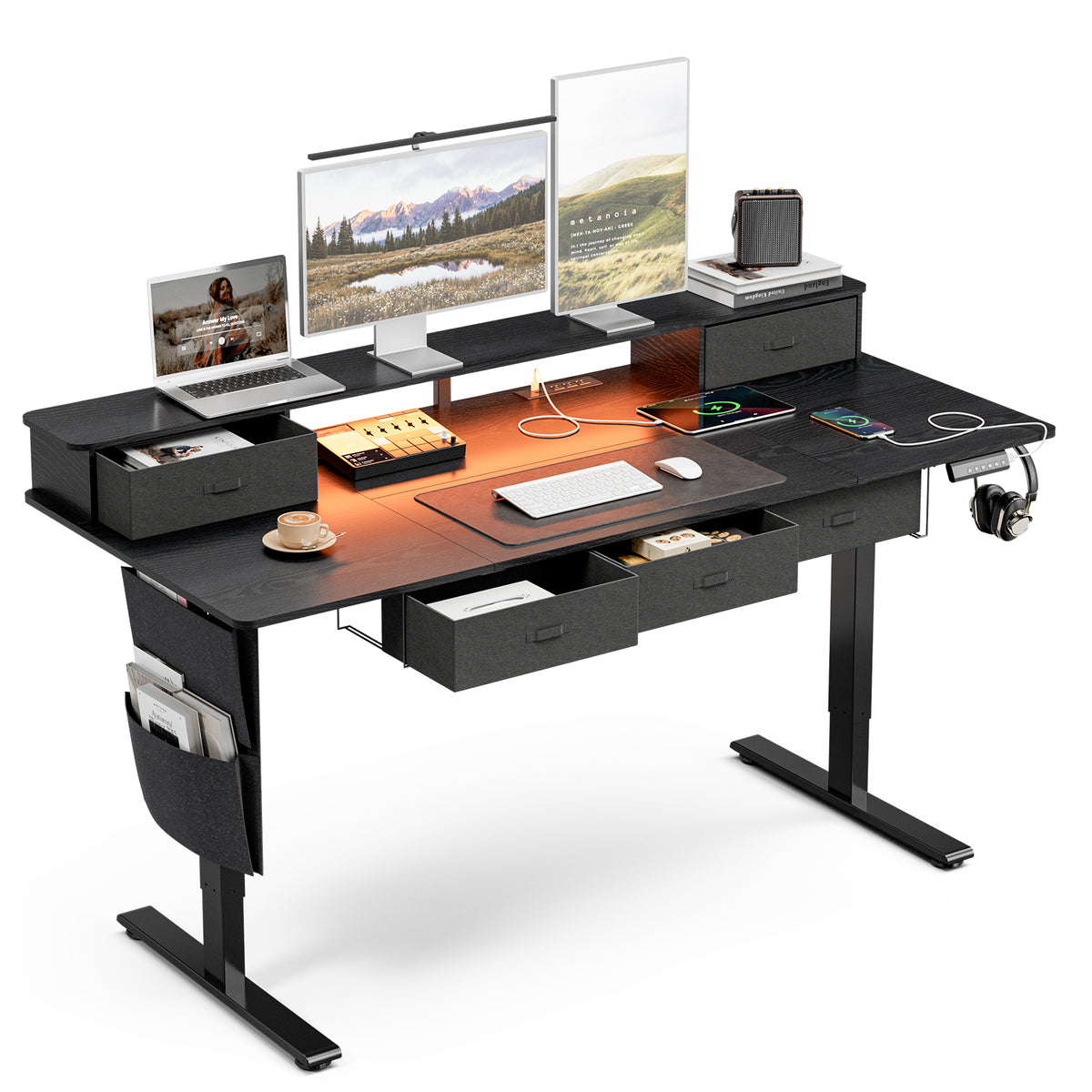 71" Sit-Stand Desk with 5 Drawers, Power Hub, LED Lights & Monitor Shelf, Black