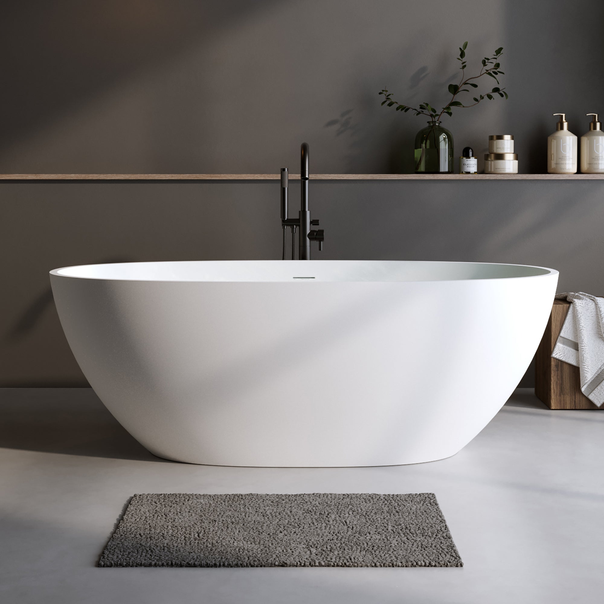59" Matte White Solid Surface Freestanding Soaking Tub – Stone Resin Oval Bathtub with Thick Edge, Overflow & Pop-Up Drain