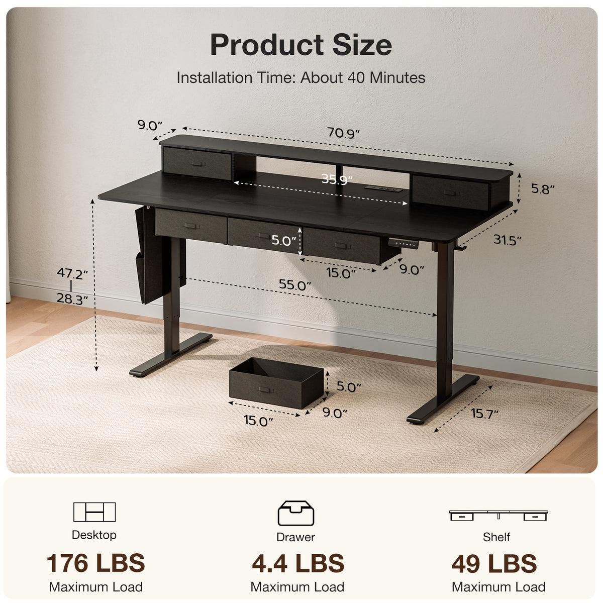 71" Sit-Stand Desk with 5 Drawers, Power Hub, LED Lights & Monitor Shelf, Black