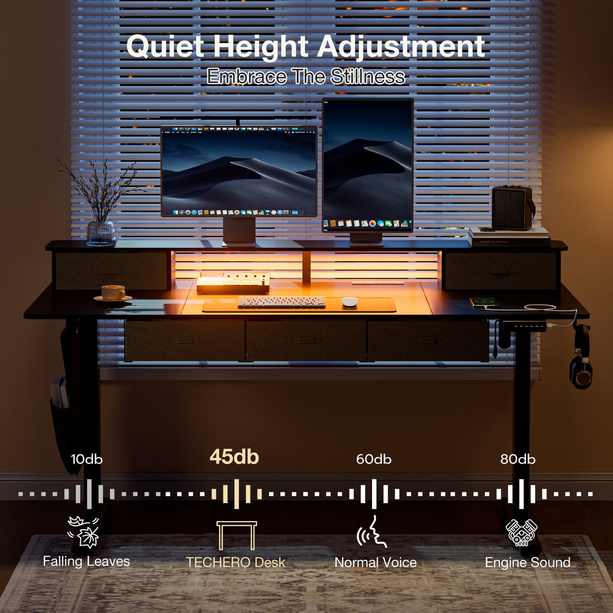 71" Sit-Stand Desk with 5 Drawers, Power Hub, LED Lights & Monitor Shelf, Black