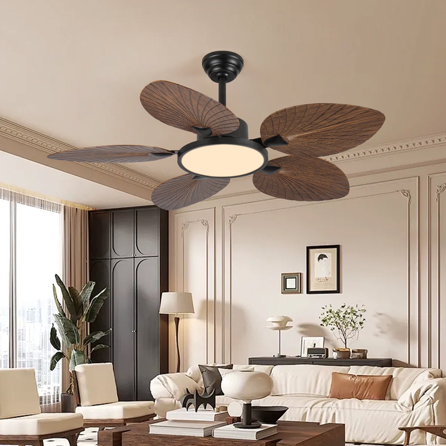 52" Tropical Palm Leaf Ceiling Fan with LED Lights & Remote Control – Decorative Indoor Ceiling Fan for Bedroom, Living Room & Patio