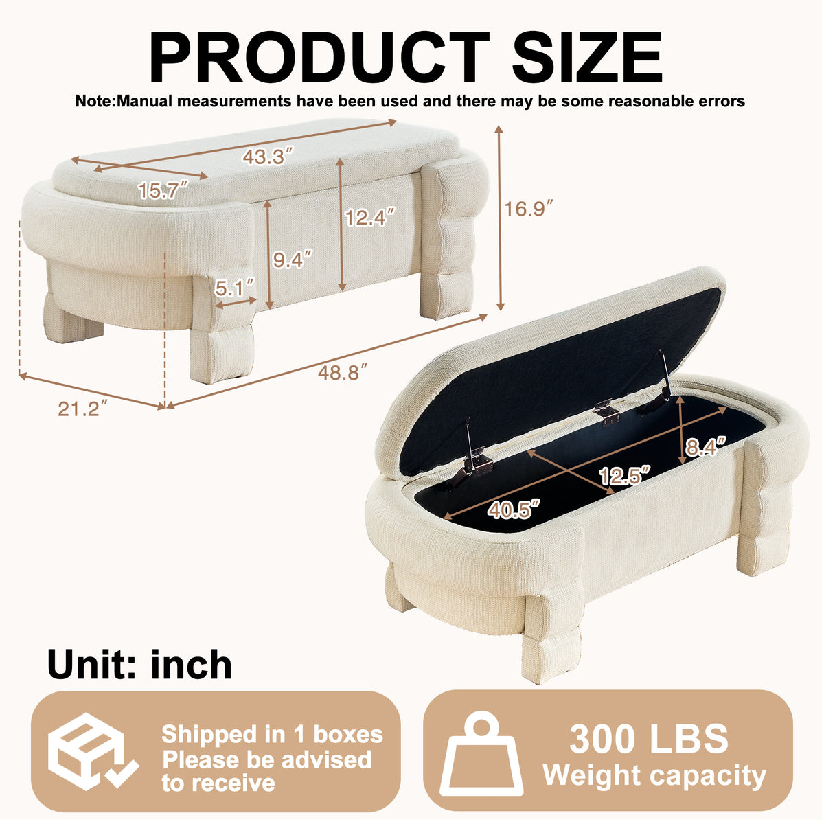 48.8" Chenille Storage Bench with Cushioned Seat
