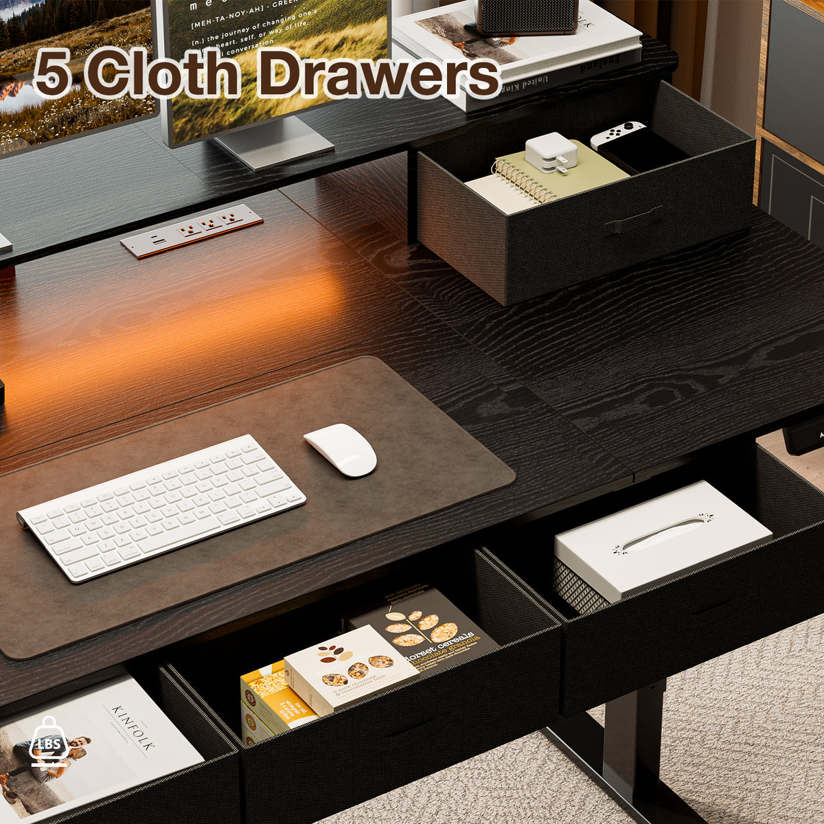 71" Sit-Stand Desk with 5 Drawers, Power Hub, LED Lights & Monitor Shelf, Black