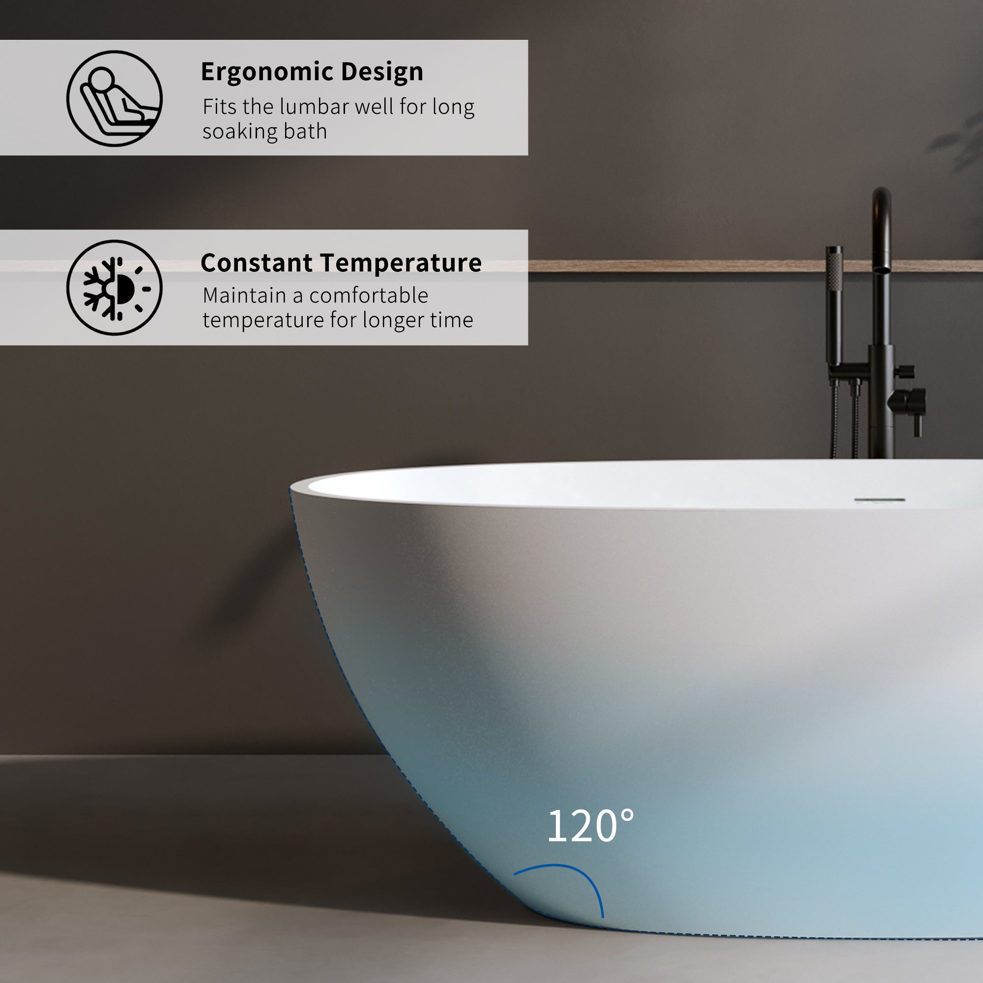 59" Matte White Solid Surface Freestanding Soaking Tub – Stone Resin Oval Bathtub with Thick Edge, Overflow & Pop-Up Drain
