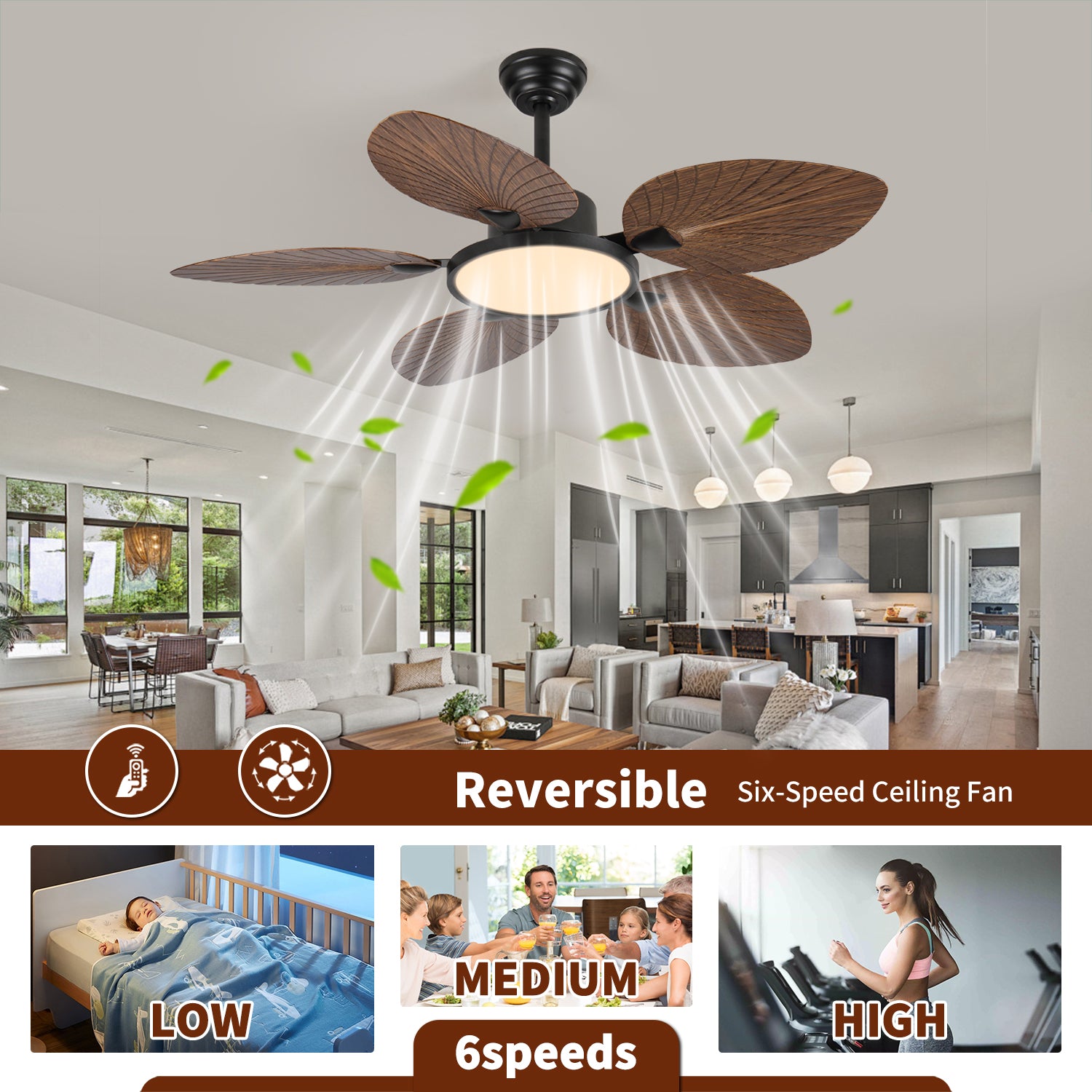 52" Tropical Palm Leaf Ceiling Fan with LED Lights & Remote Control – Decorative Indoor Ceiling Fan for Bedroom, Living Room & Patio