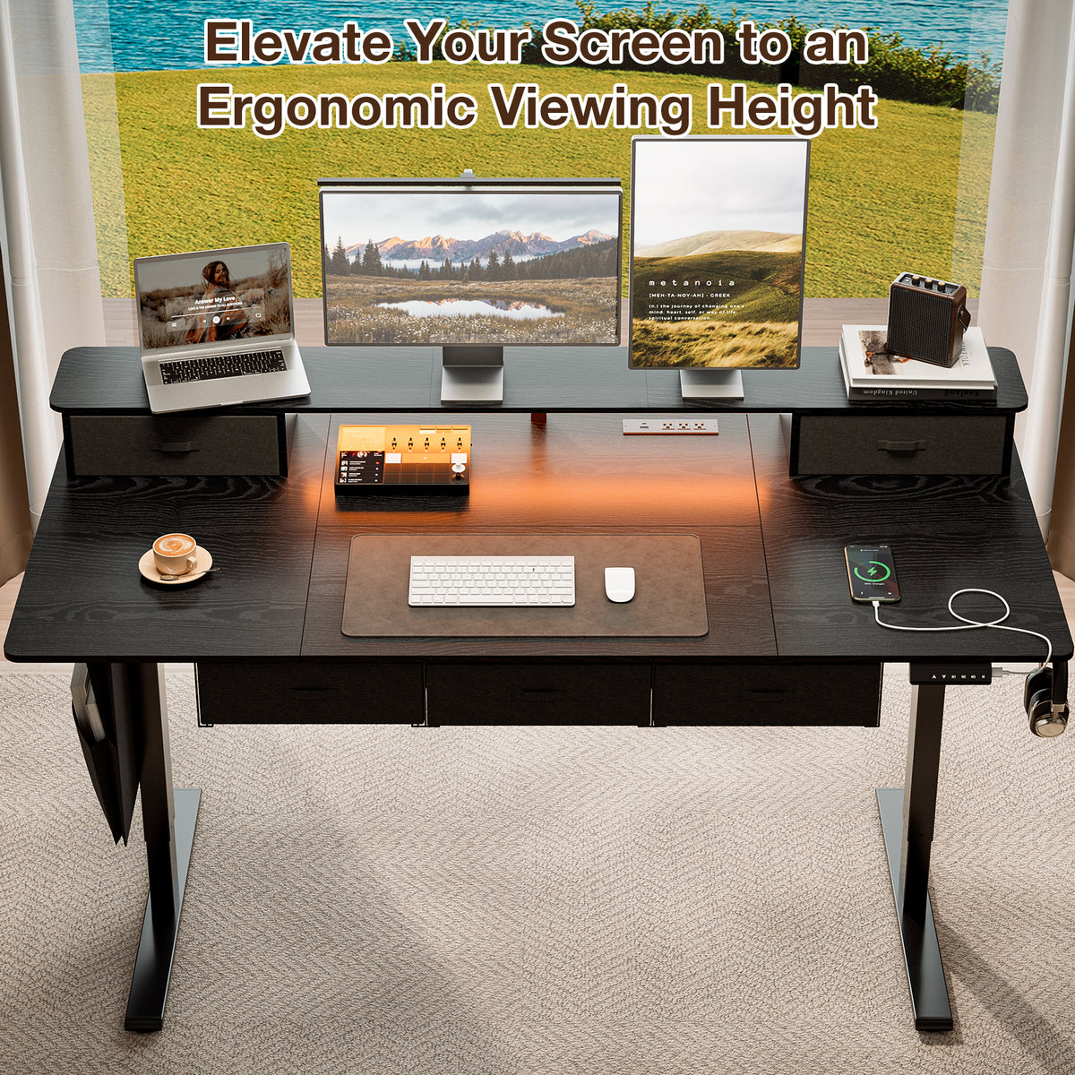 71" Sit-Stand Desk with 5 Drawers, Power Hub, LED Lights & Monitor Shelf, Black