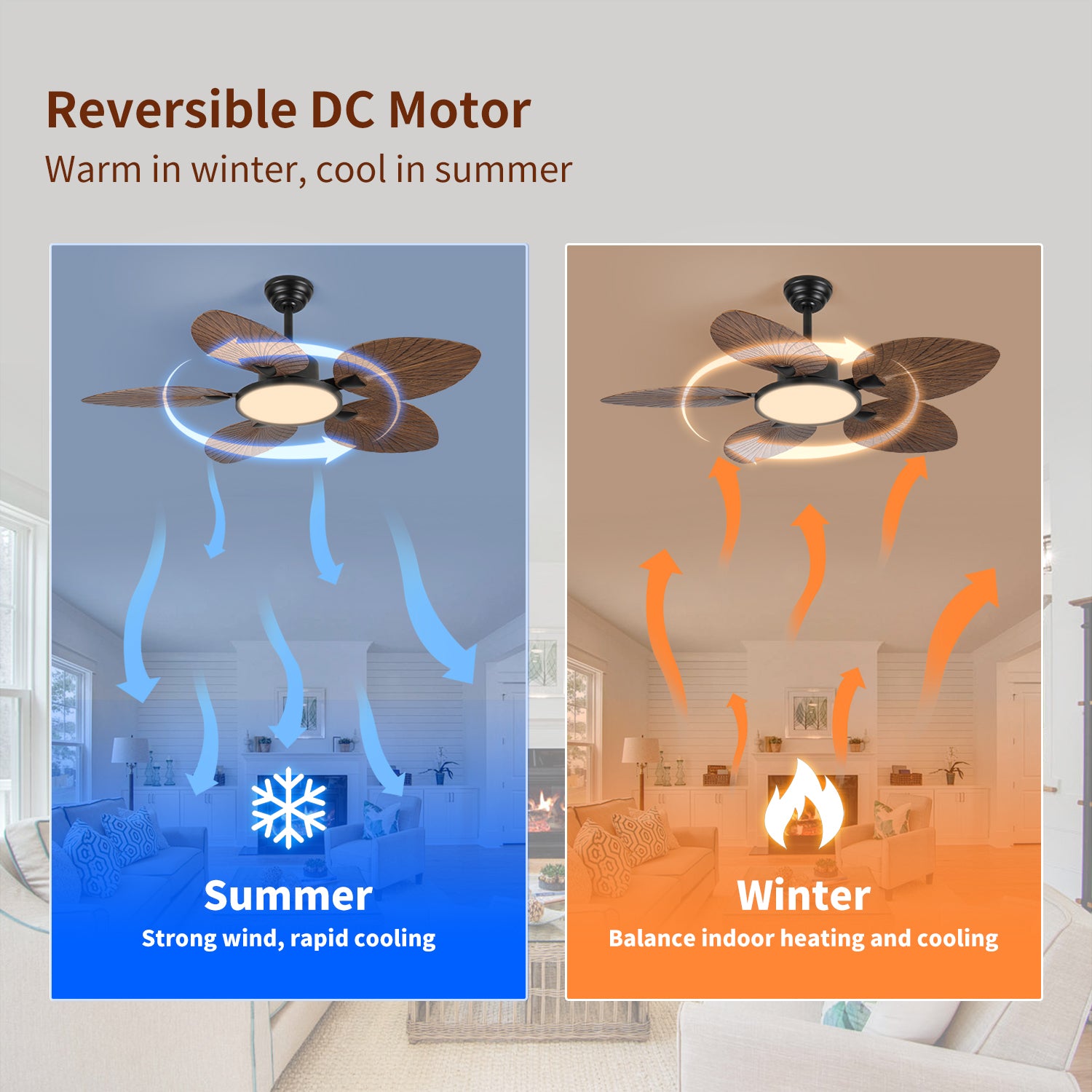 52" Tropical Palm Leaf Ceiling Fan with LED Lights & Remote Control – Decorative Indoor Ceiling Fan for Bedroom, Living Room & Patio