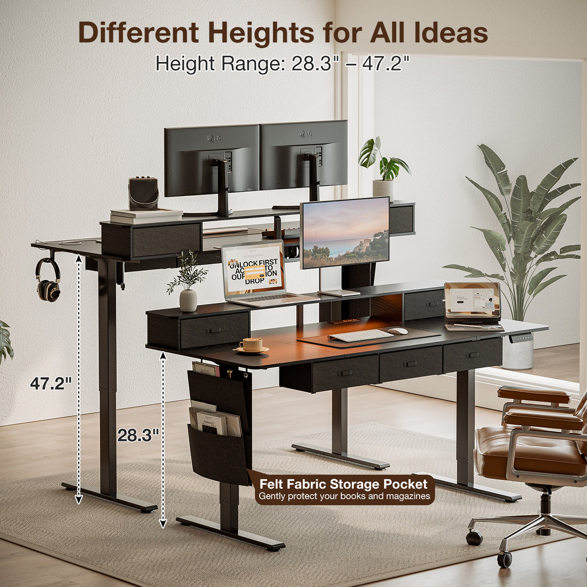 71" Sit-Stand Desk with 5 Drawers, Power Hub, LED Lights & Monitor Shelf, Black