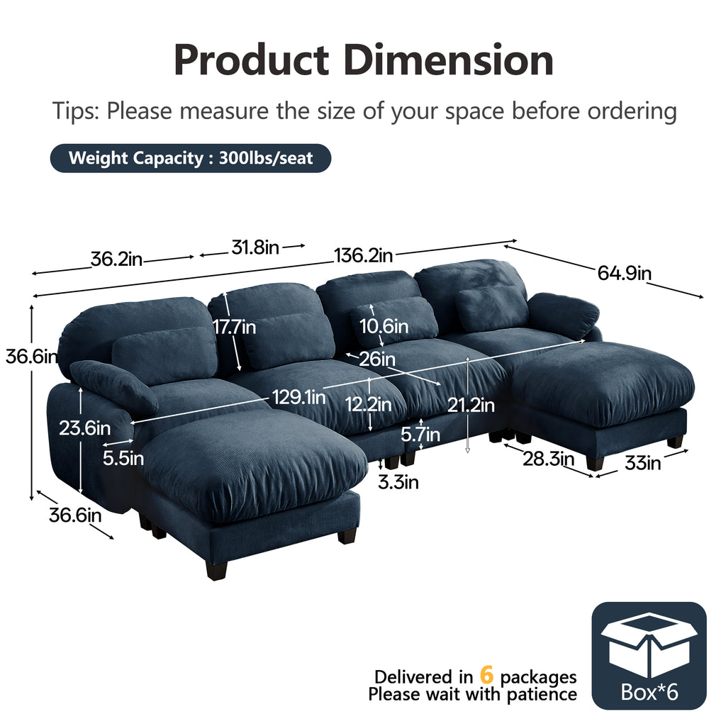 Manufacturer drawing of the Cloudmere 4-seater with 2 ottomans, every measurement in inches
