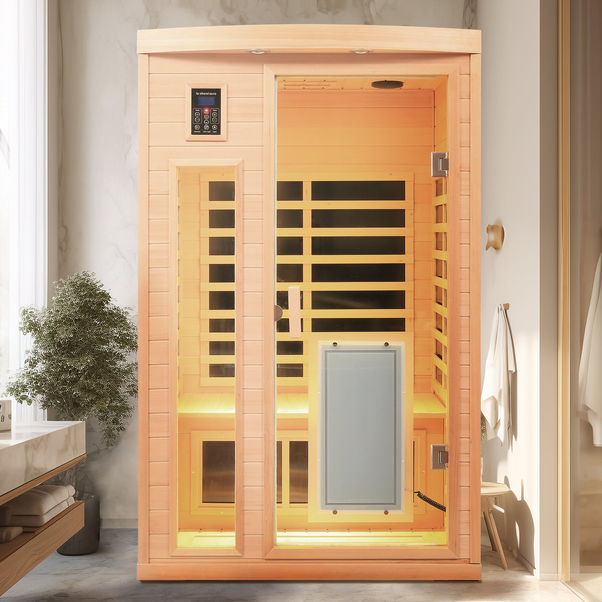 Low EMF Hemlock Far-Infrared 2-Person Indoor Sauna with Glass Door Heater