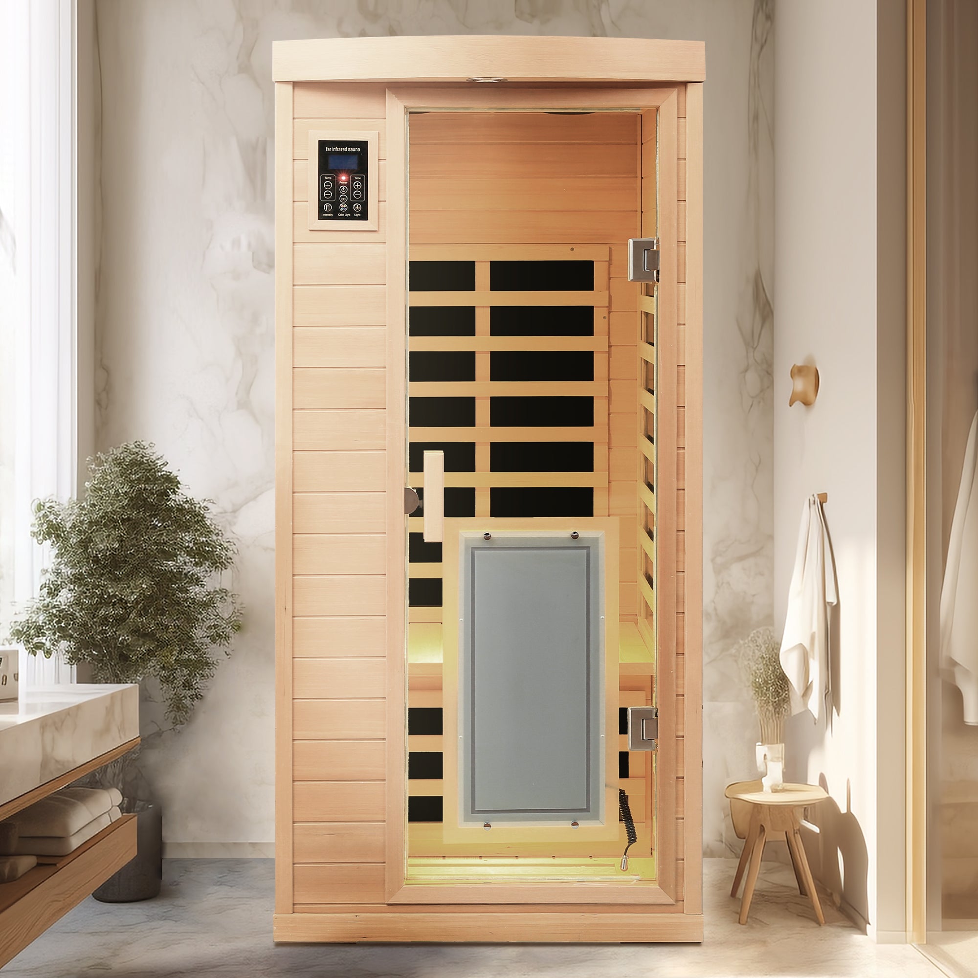 Low EMF 1-Person Hemlock Far-Infrared Indoor Sauna with Heated Glass Door