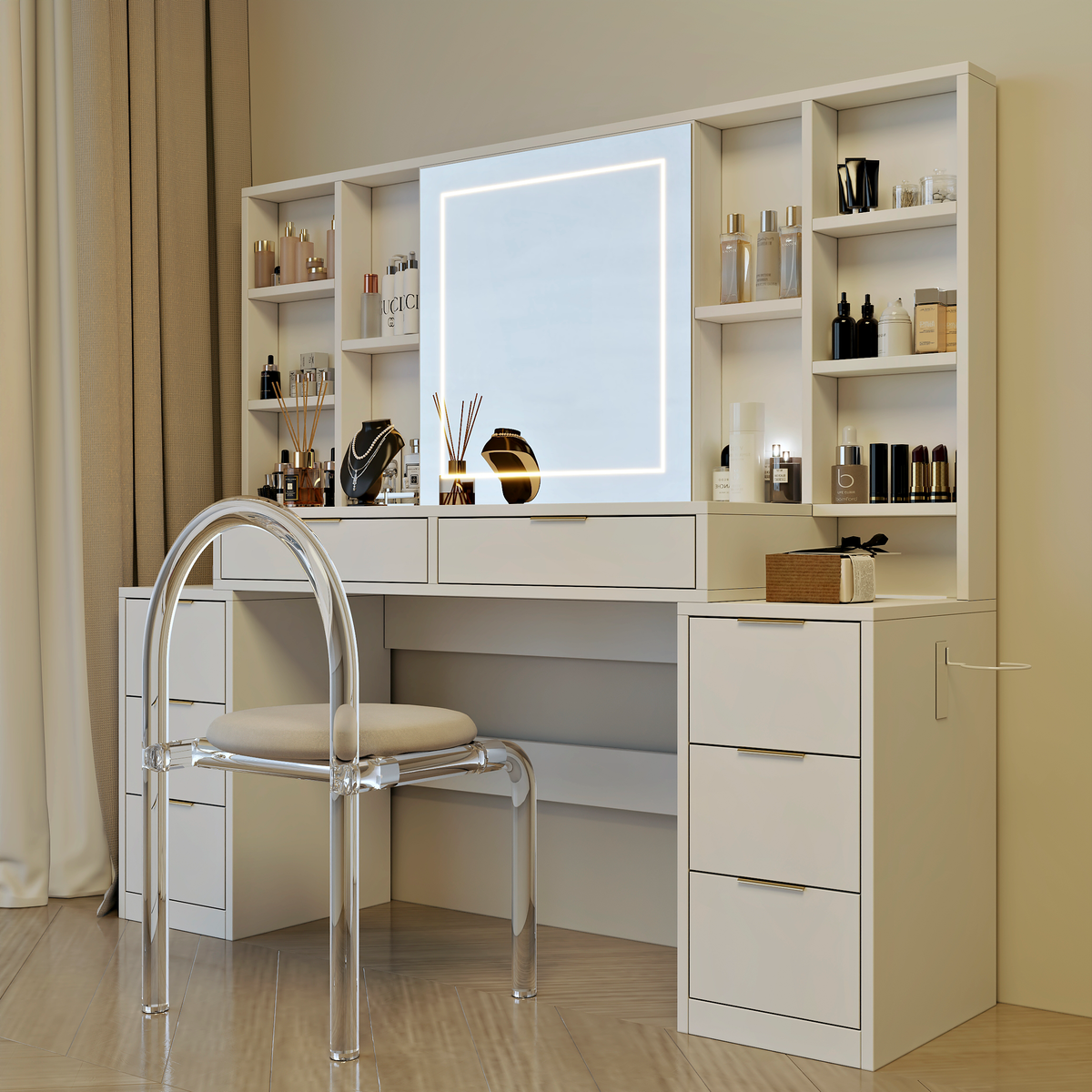 59" Large Makeup Vanity Desk with Mirror & LED Lights