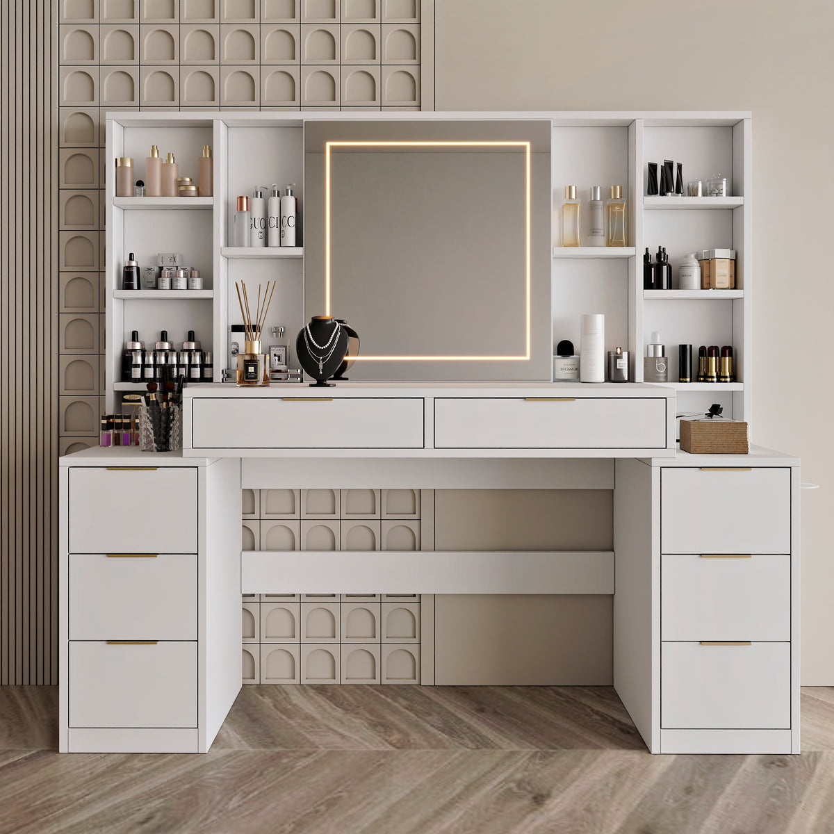 59" Large Makeup Vanity Desk with Mirror & LED Lights