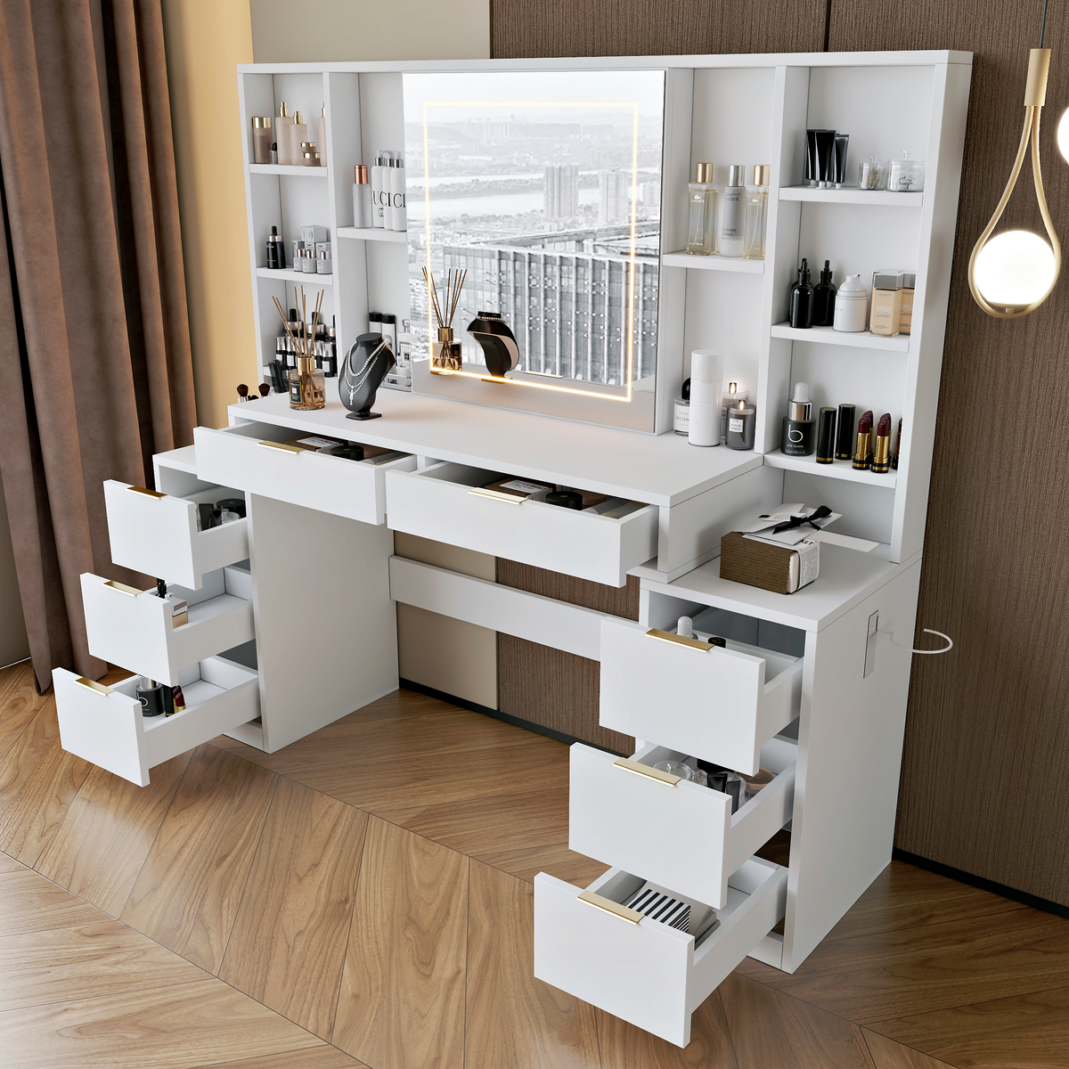 59" Large Makeup Vanity Desk with Mirror & LED Lights