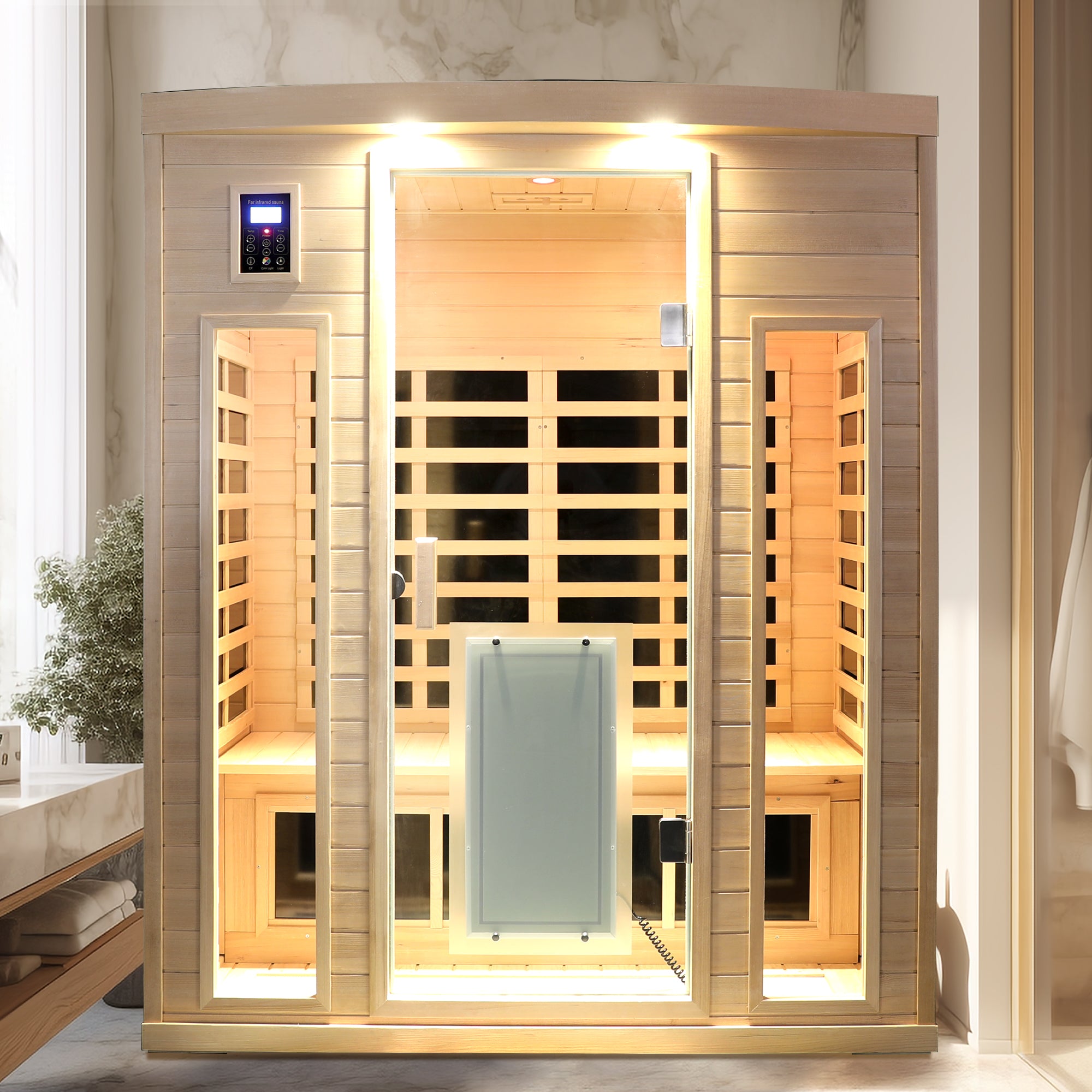 Premium Low EMF 3-Person Hemlock Infrared Sauna – Heated Glass Door Design