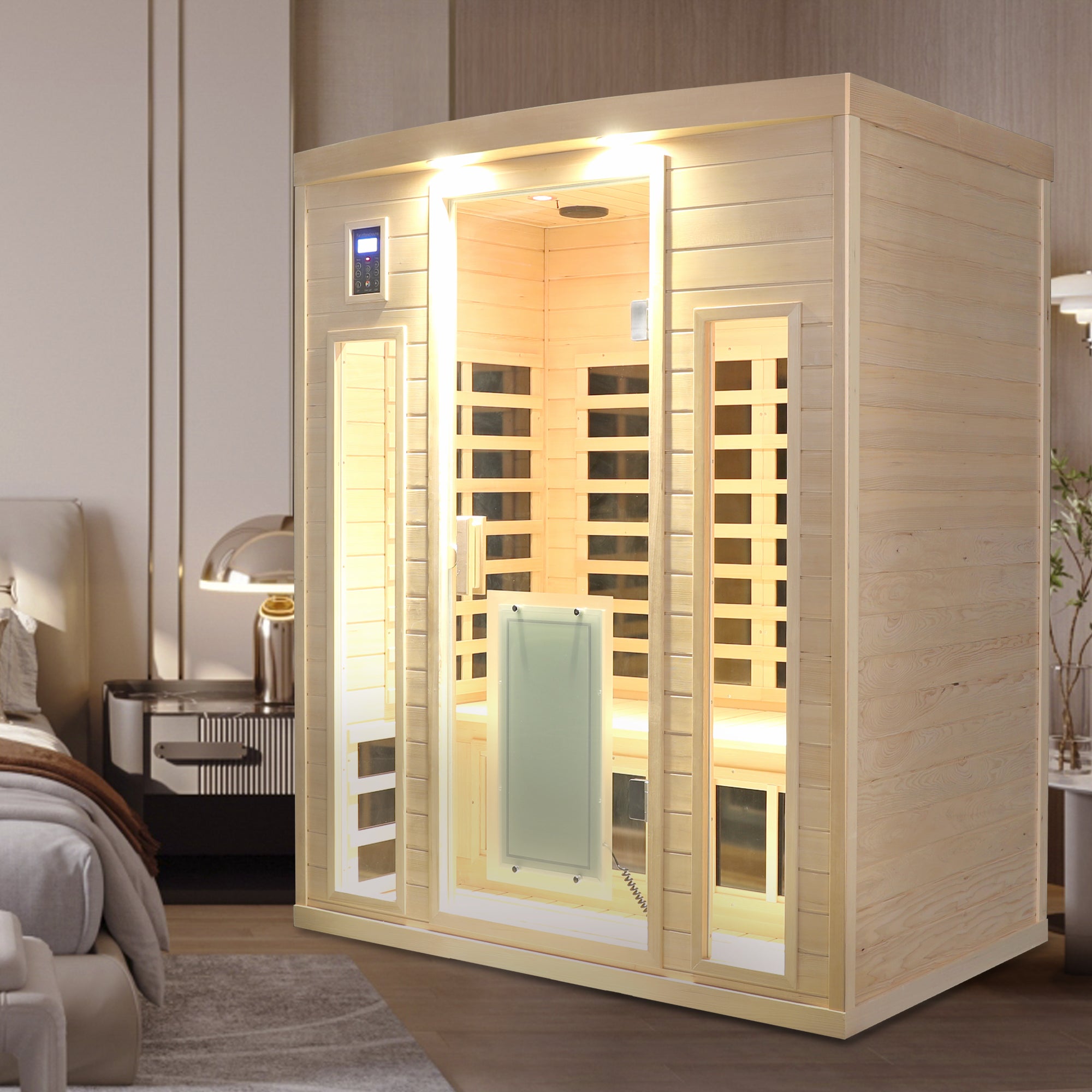 Premium Low EMF 3-Person Hemlock Infrared Sauna – Heated Glass Door Design