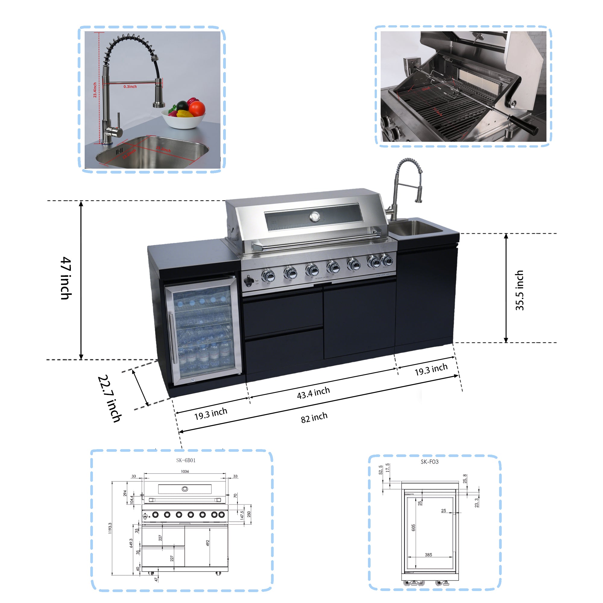 82" 6-Burner 85,000 BTU Stainless Steel Outdoor Kitchen Island Grill with Wine Cooler & Rotisserie
