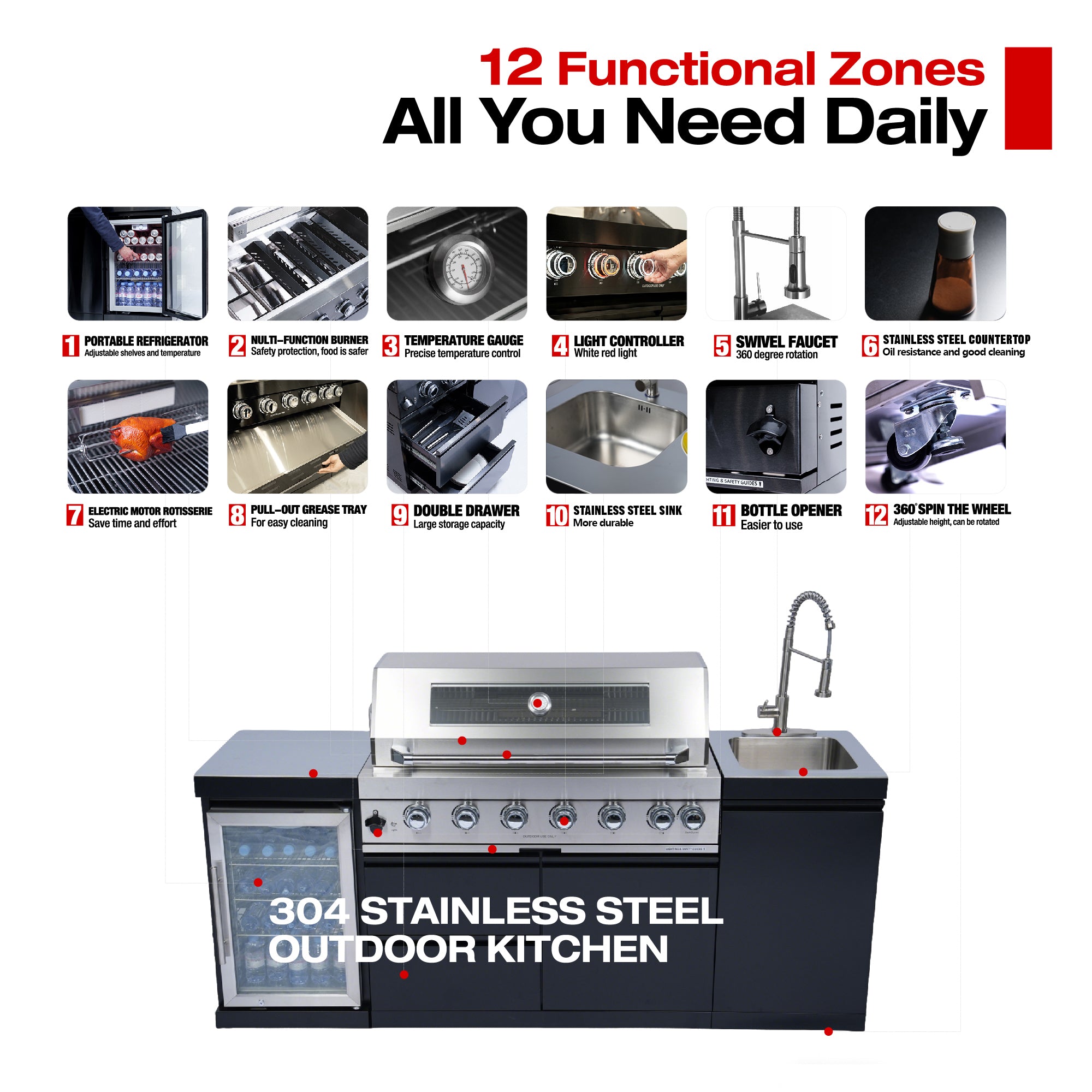 82" 6-Burner 85,000 BTU Stainless Steel Outdoor Kitchen Island Grill with Wine Cooler & Rotisserie
