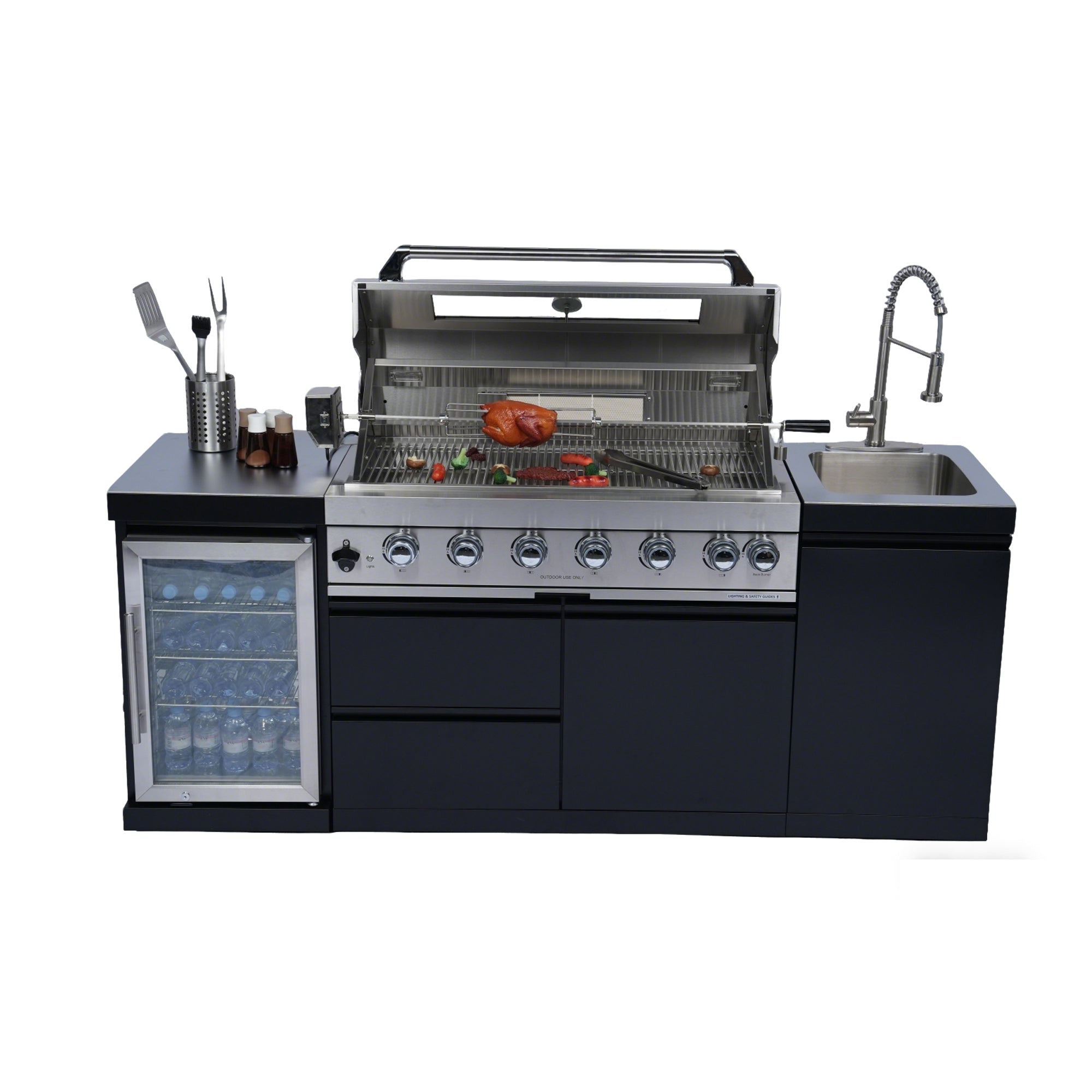 82" 6-Burner 85,000 BTU Stainless Steel Outdoor Kitchen Island Grill with Wine Cooler & Rotisserie