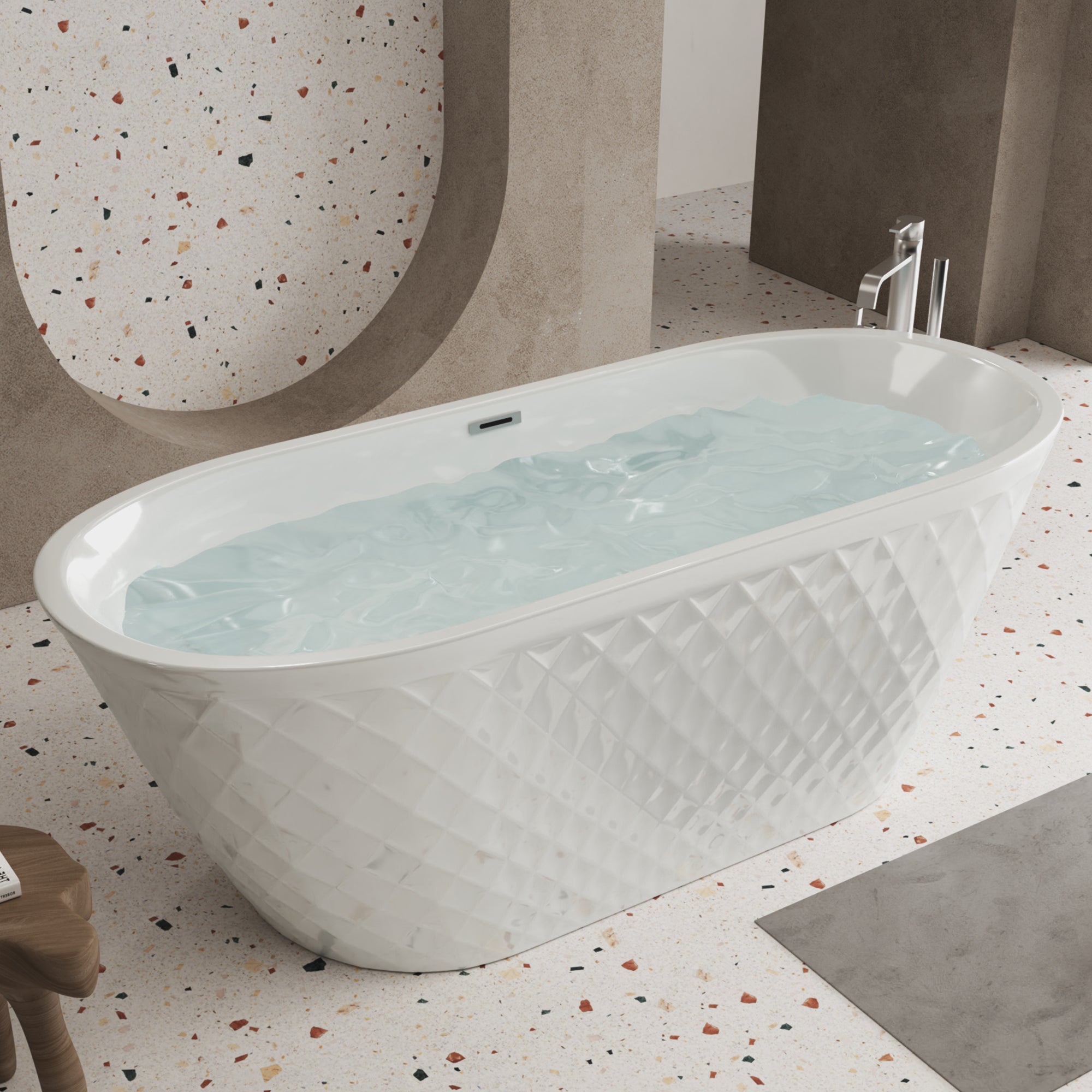 59" Acrylic Freestanding Bathtub – Diamond Pattern, Gloss White, Chrome Drain