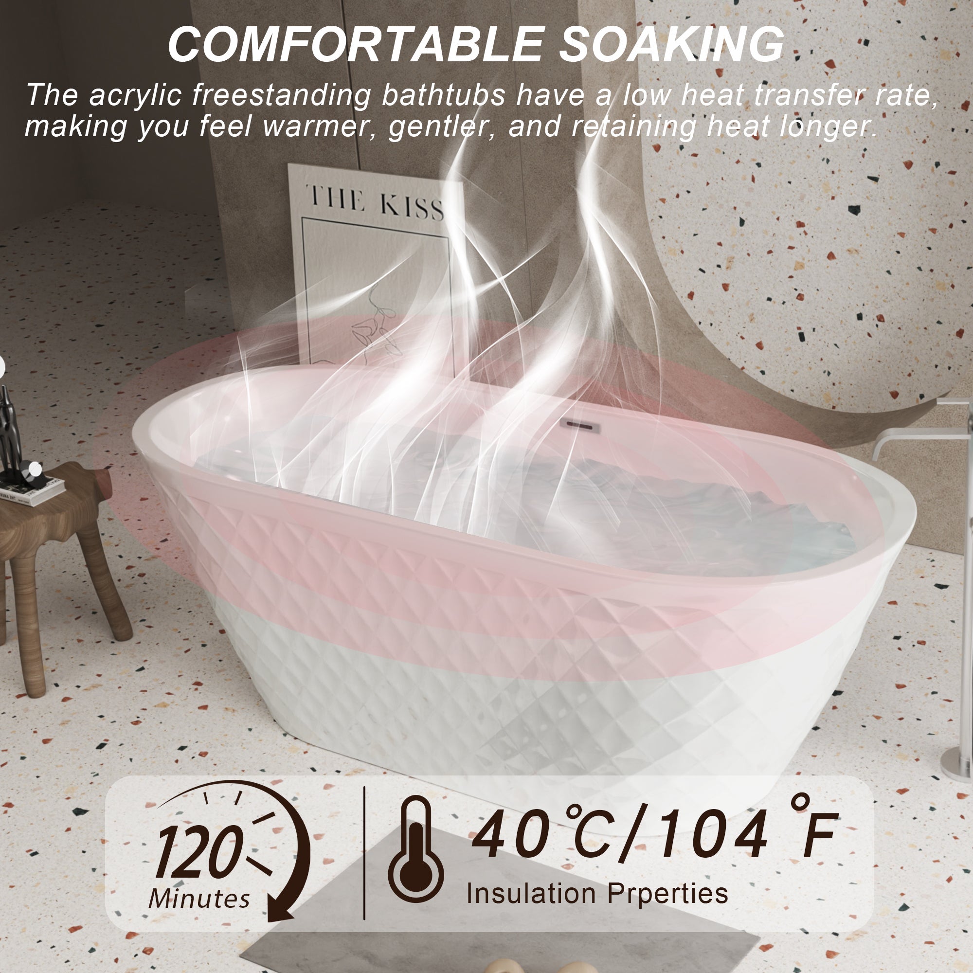 59" Acrylic Freestanding Bathtub – Diamond Pattern, Gloss White, Chrome Drain