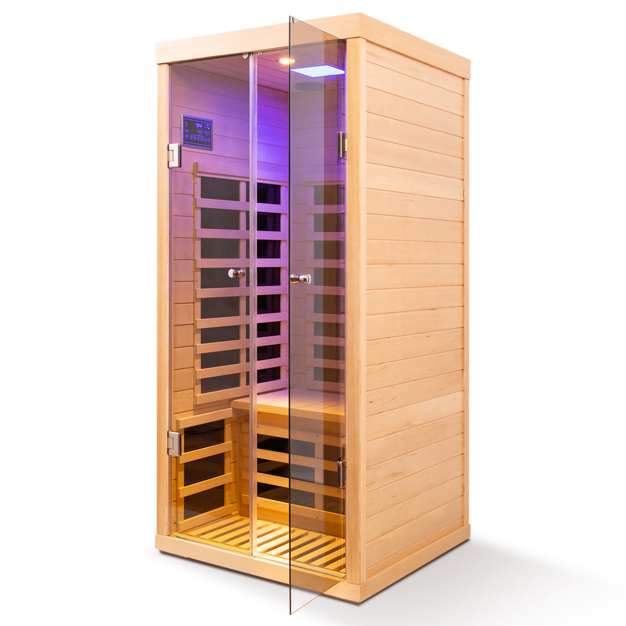 Low EMF 1-Person Hemlock Far-Infrared Indoor Sauna with Double Glass Doors