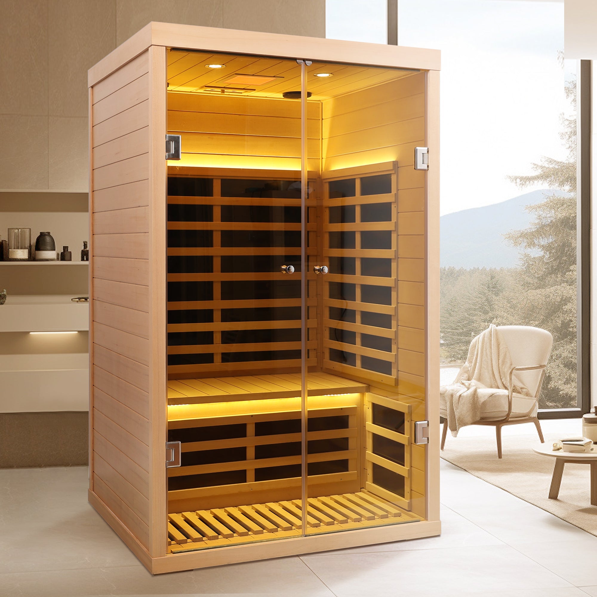 Low EMF 2-Person Hemlock Far-Infrared Indoor Sauna with Double Glass Doors
