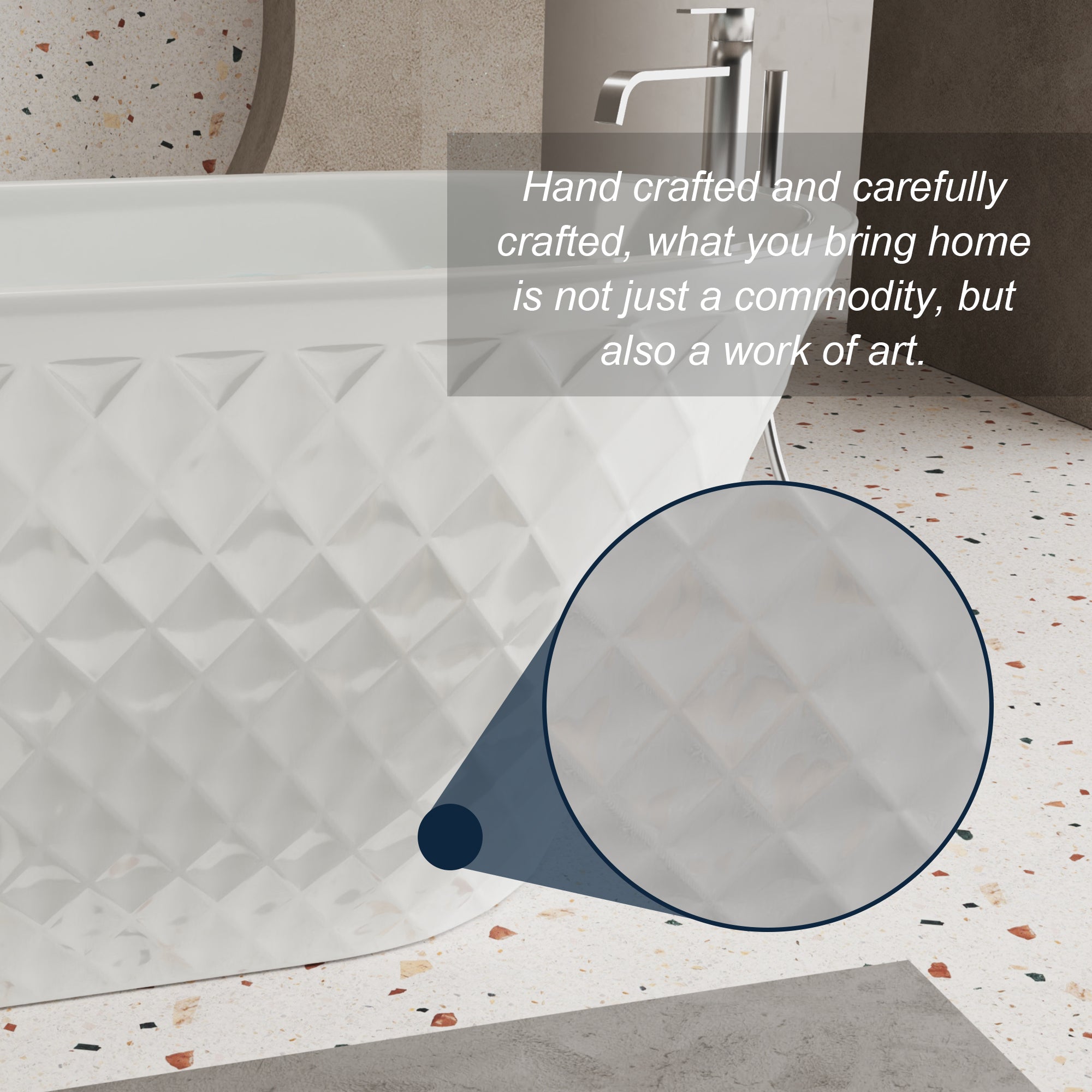 59" Acrylic Freestanding Bathtub – Diamond Pattern, Gloss White, Chrome Drain