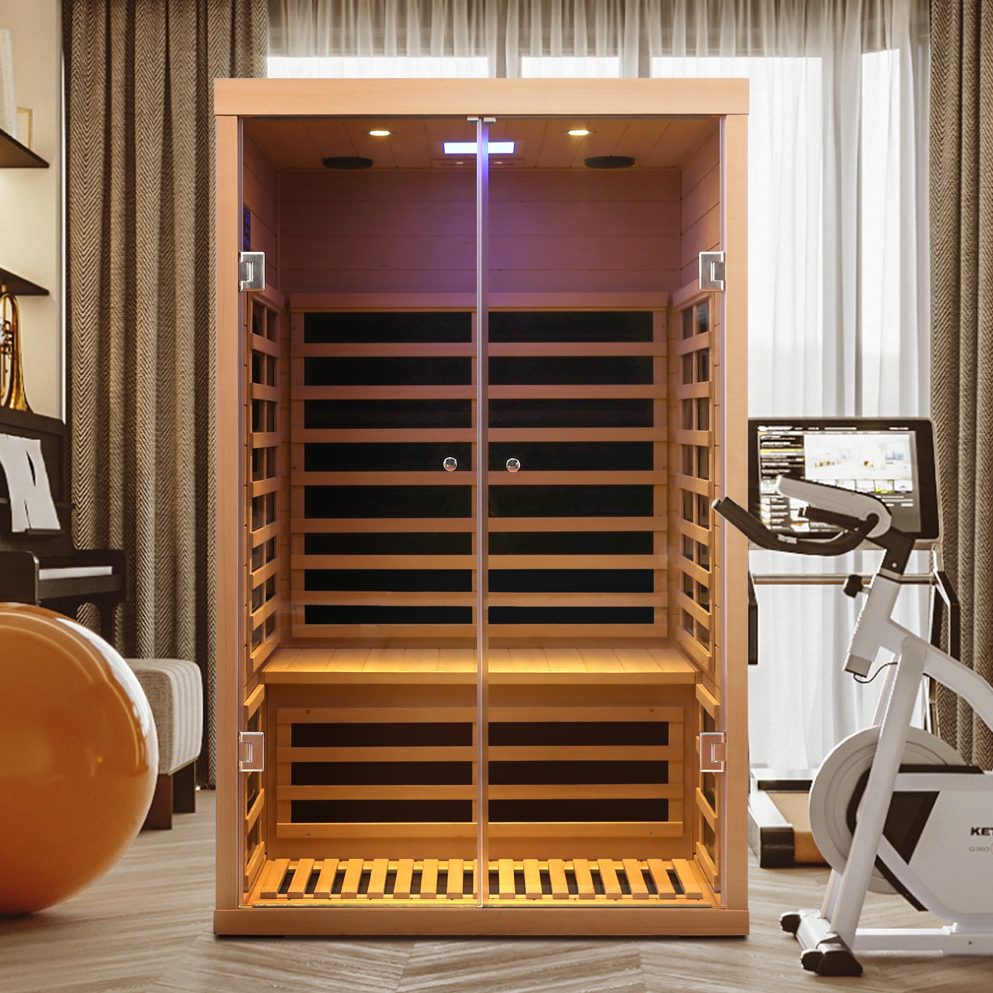 Low EMF 2-Person Hemlock Far-Infrared Indoor Sauna with Double Glass Doors