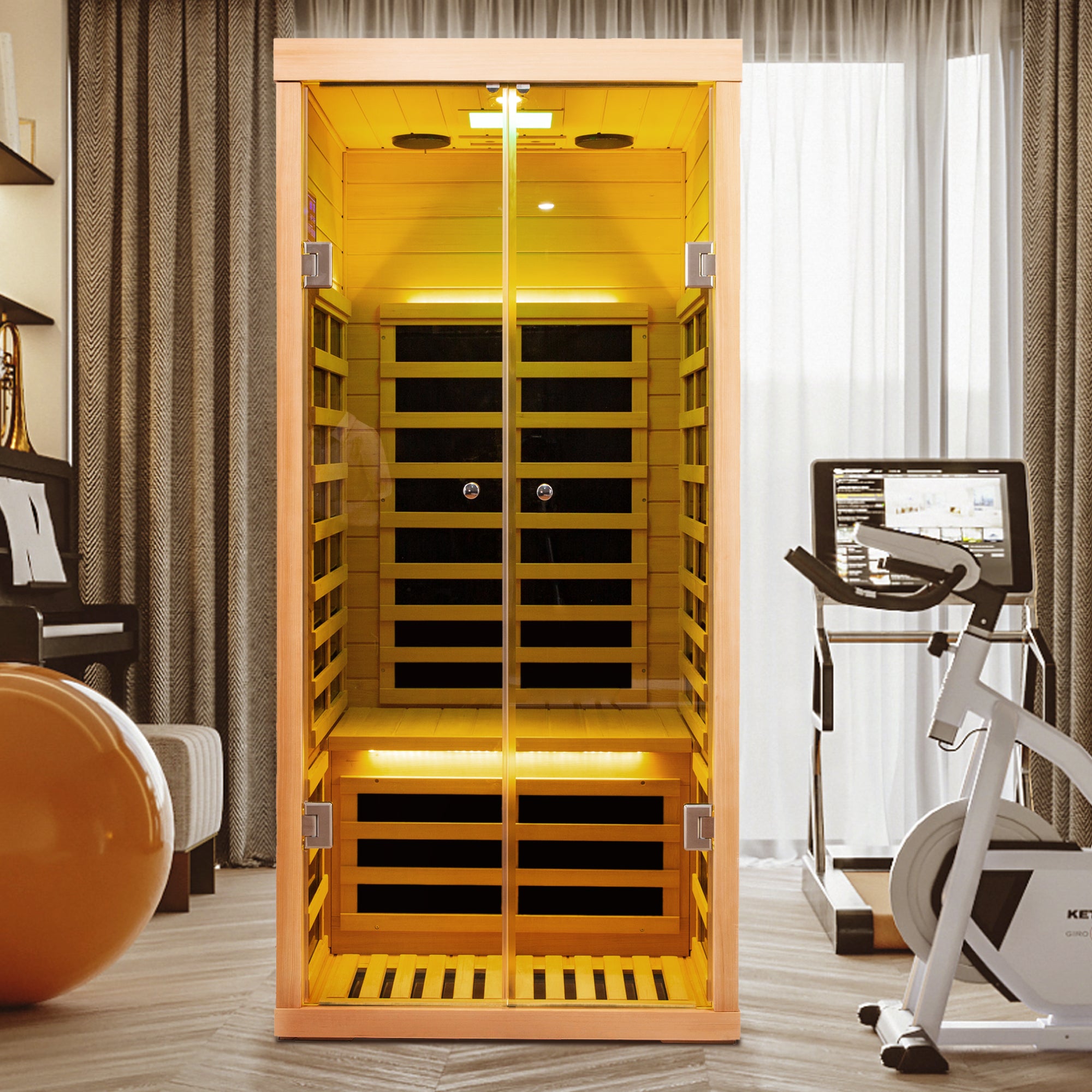 Low EMF 1-Person Hemlock Far-Infrared Indoor Sauna with Double Glass Doors