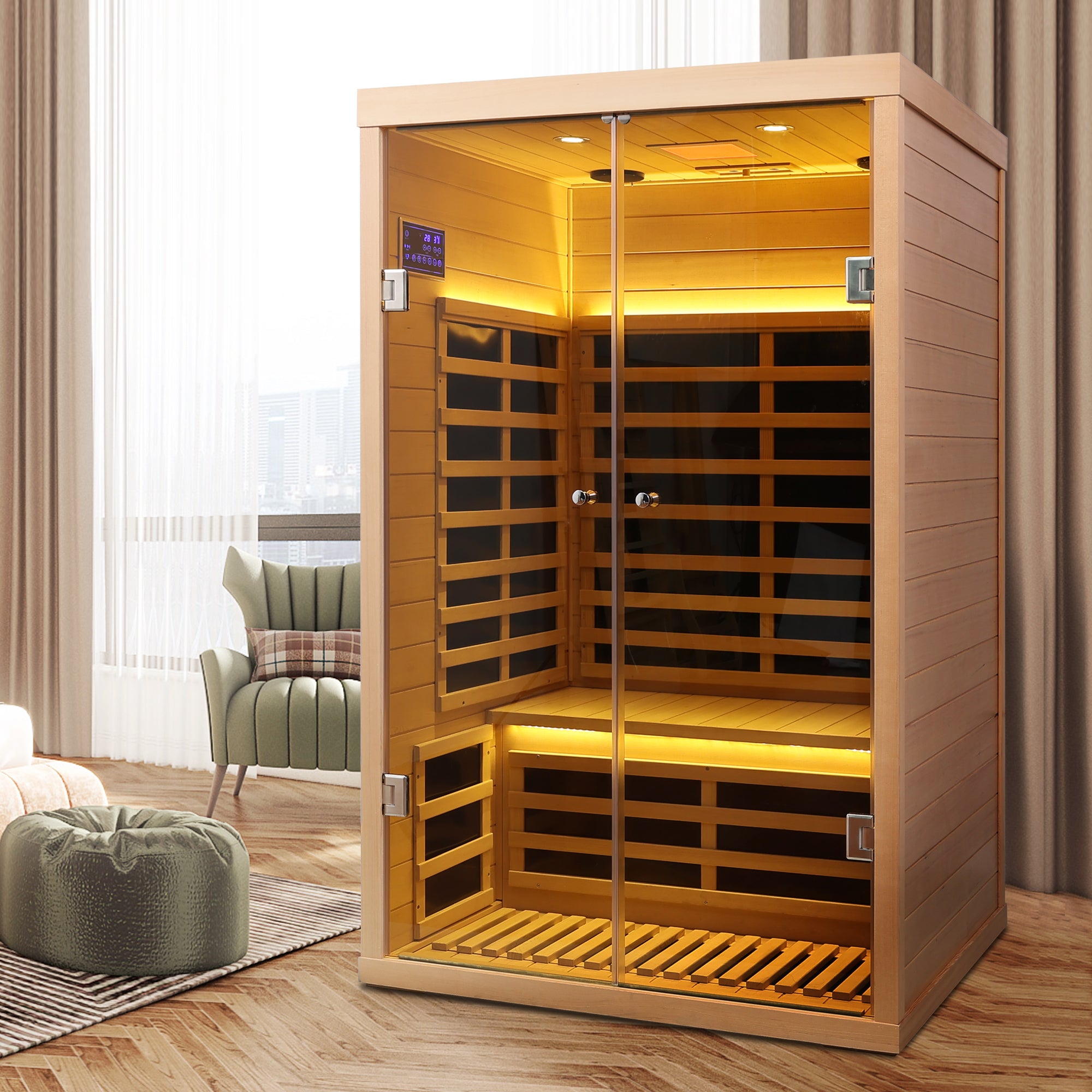 Low EMF 2-Person Hemlock Far-Infrared Indoor Sauna with Double Glass Doors