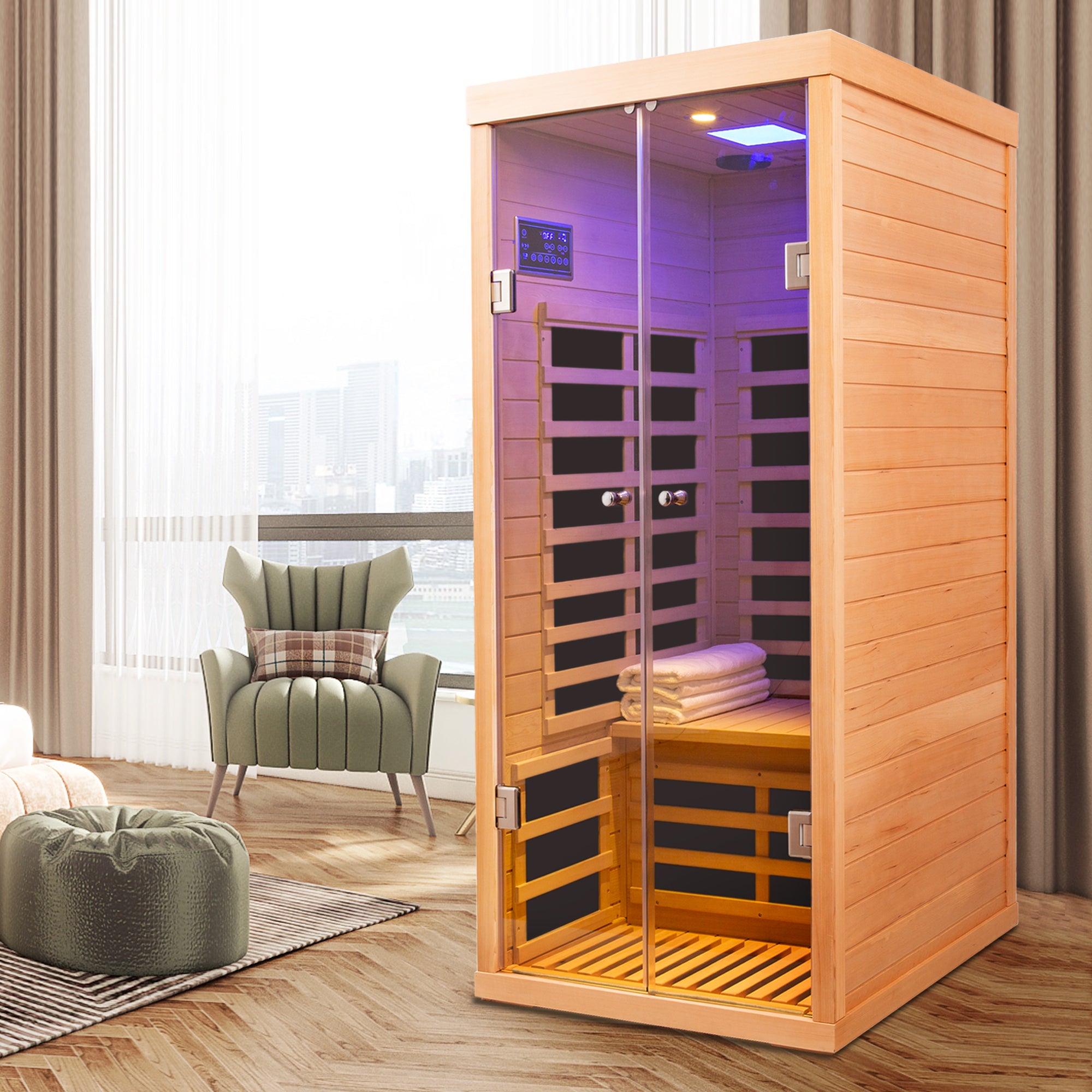 Low EMF 1-Person Hemlock Far-Infrared Indoor Sauna with Double Glass Doors