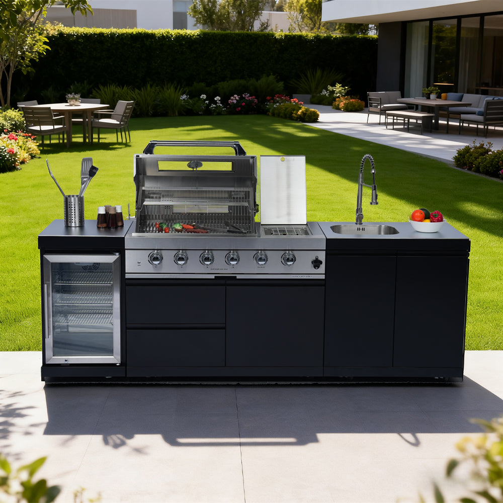 98" 4-Burner 72,000 BTU Stainless Steel Outdoor Kitchen Island Grill with Wine Cooler, Rotisserie & Storage