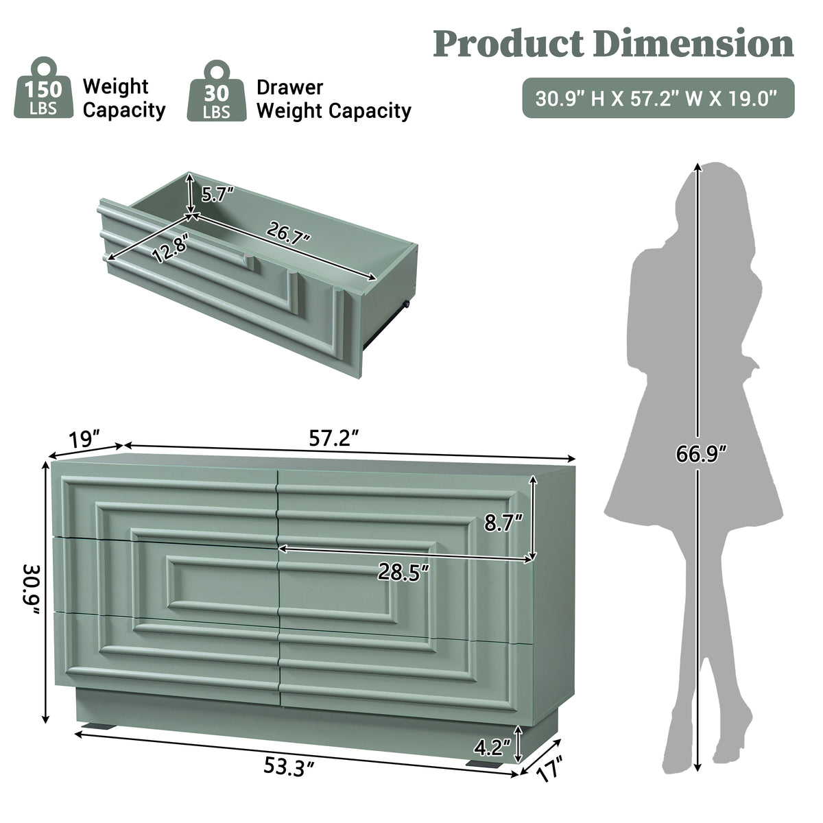 57.2" 6-Drawer Modern Dresser